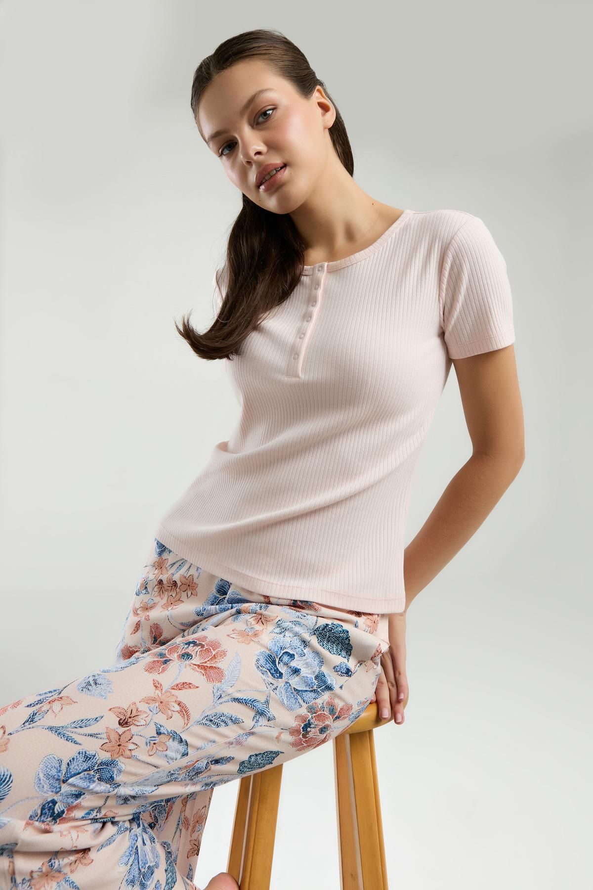 Arnetta Üst Kaşkorse Alt Dokuma Kumaş Kadın Pijama Takım, Cep Detaylı