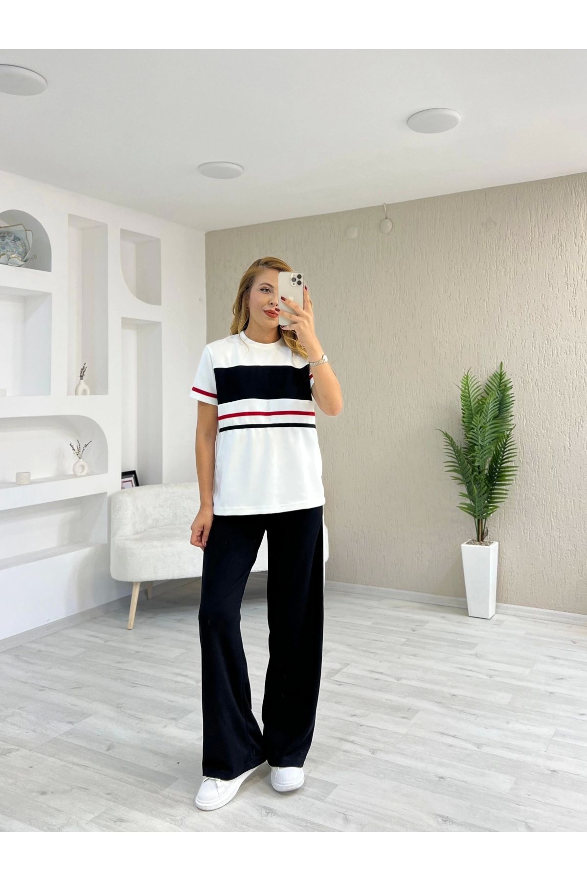 İrka Moda Modal Kumaş Çizgili Takım Siyah