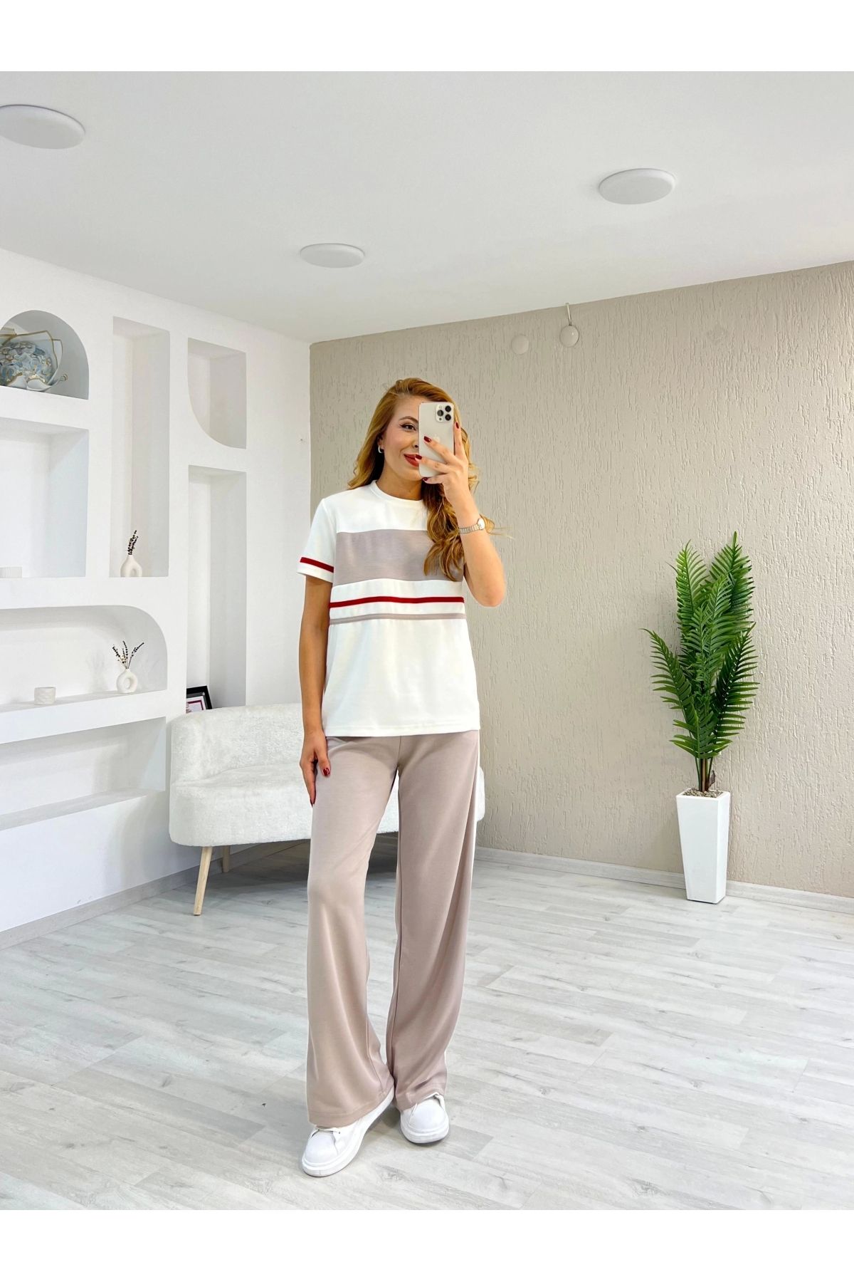 İrka Moda Modal Kumaş Çizgili Takım Bej