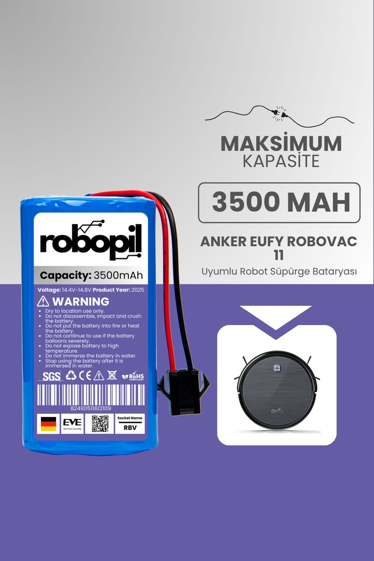 ROBOPİL Anker Eufy Robovac 11 Batarya [MAKSİMUM Kapasite] 3500mah Akıllı Robot Süpürge Bataryası