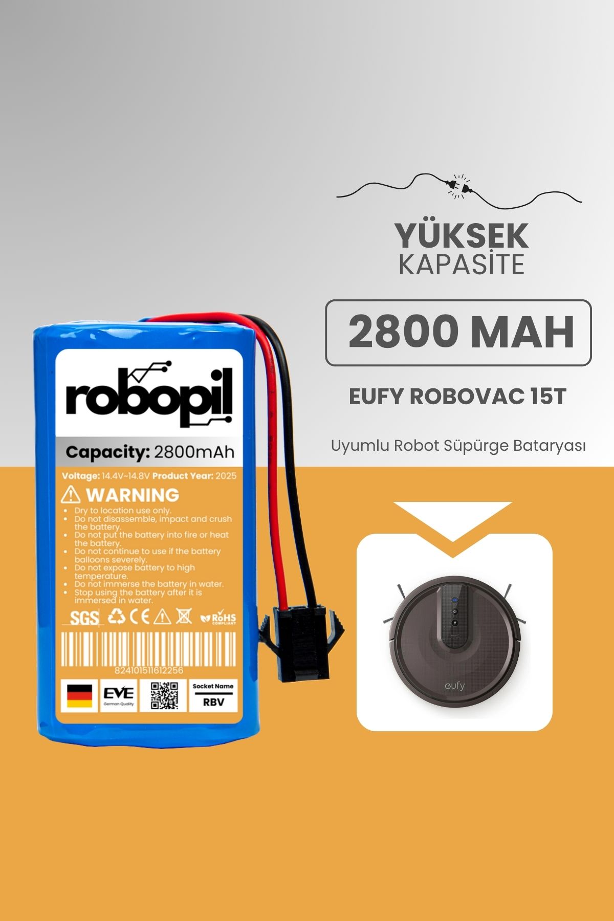 ROBOPİL Eufy Robovac 15t Pil Batarya [Yüksek Kapasite] 2800mah Akıllı Robot Süpürge Bataryası Değişimi