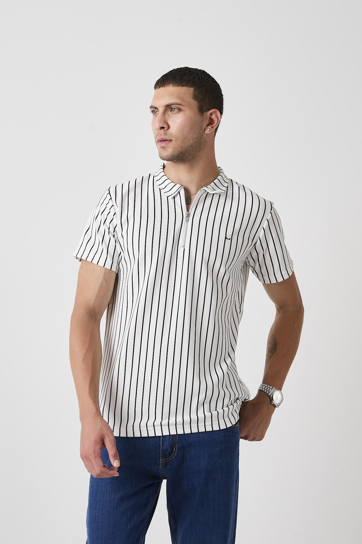 DAMGA JEANS Erkek Çizgili Fermuarlı Beyaz Polo Yaka Tişört