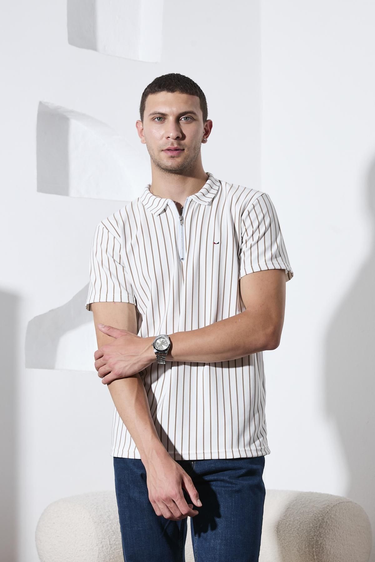 DAMGA JEANS Erkek Çizgili Fermuarlı Krem Polo Yaka Tişört