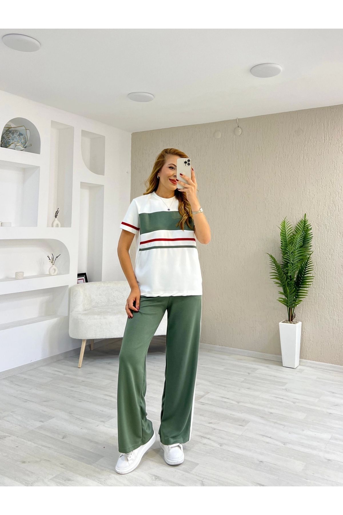İrka Moda Modal Kumaş Çizgili Takım Yeşil