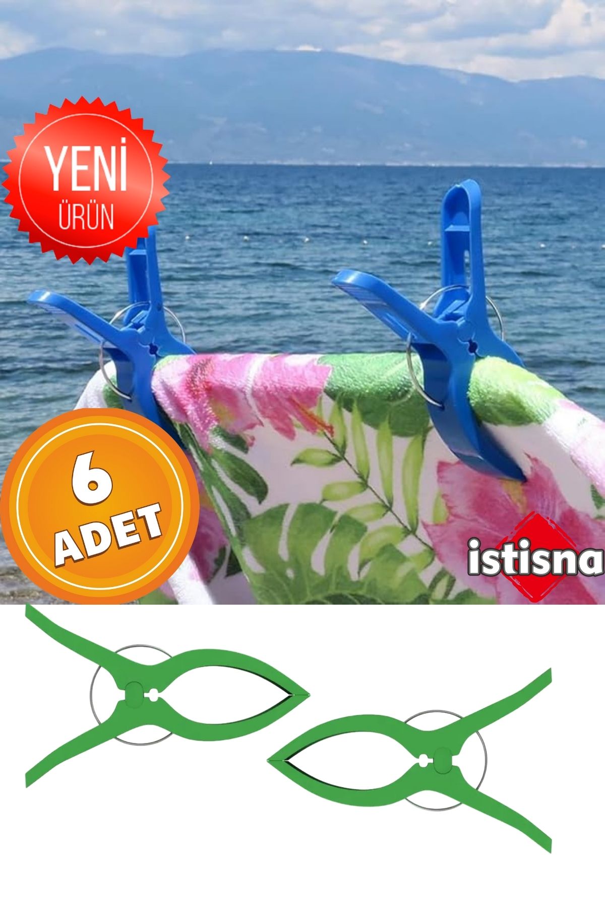 İstisna 6 Adet XXL Büyük Boy Şezlong Plaj Havlusu Mandalı Halı Asma Battaniye ve Havlu Tutucu Mandal