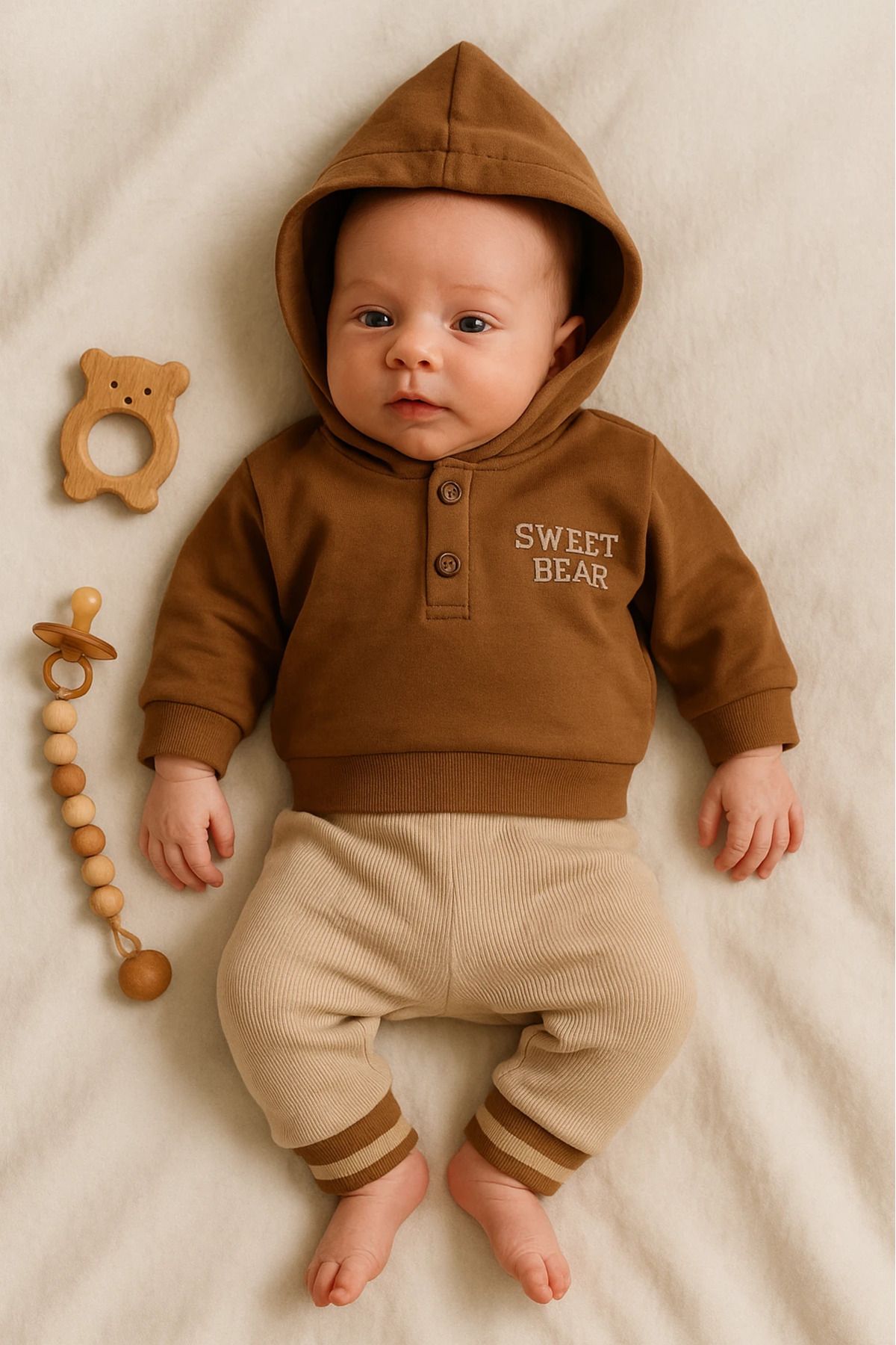 Çıldırıns Sweet Bear Baskılı Kapüşonlu 2’li Bebek Takım