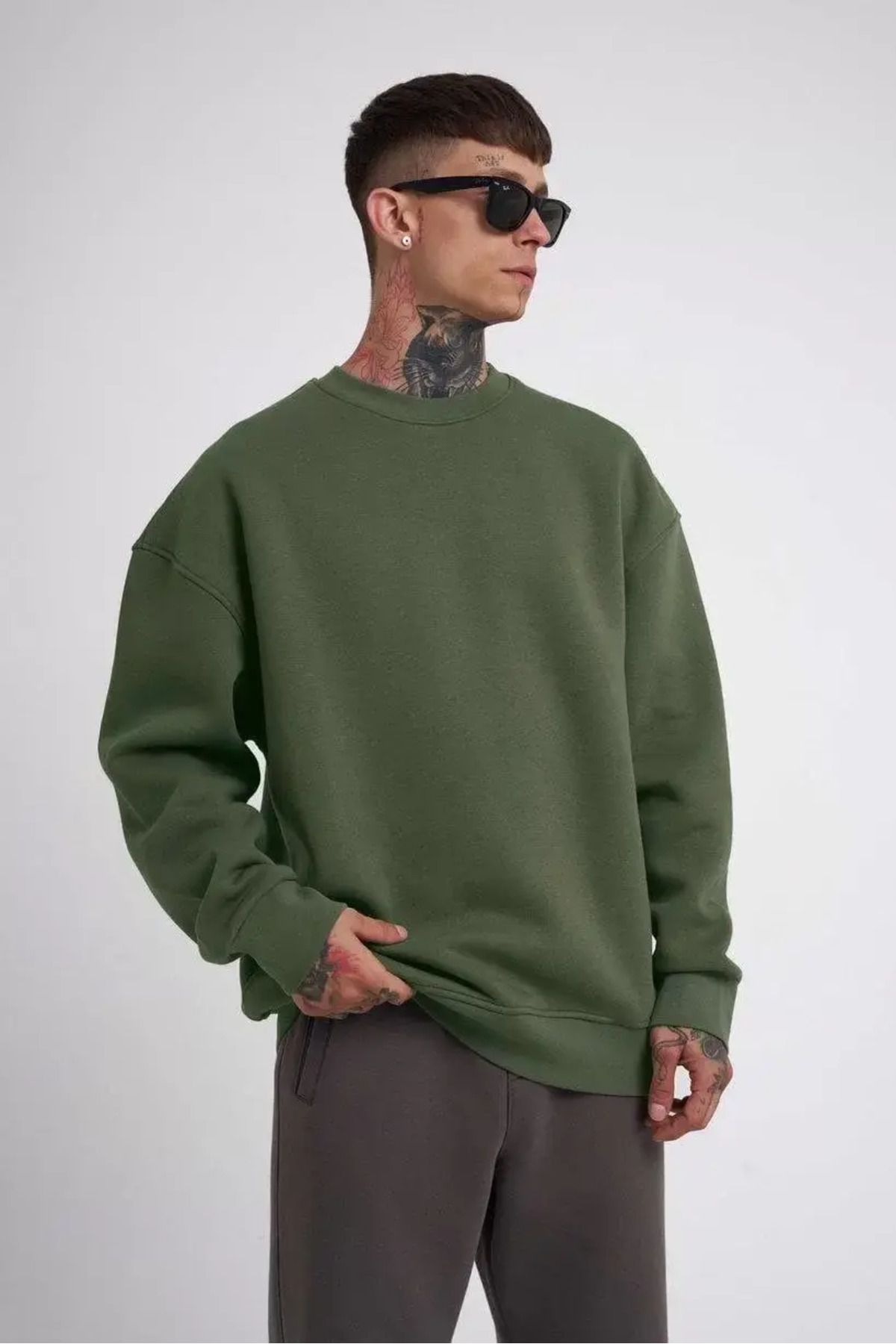 Byozze Unisex Biskilet Yaka Üç İplik SweatShirt - Haki