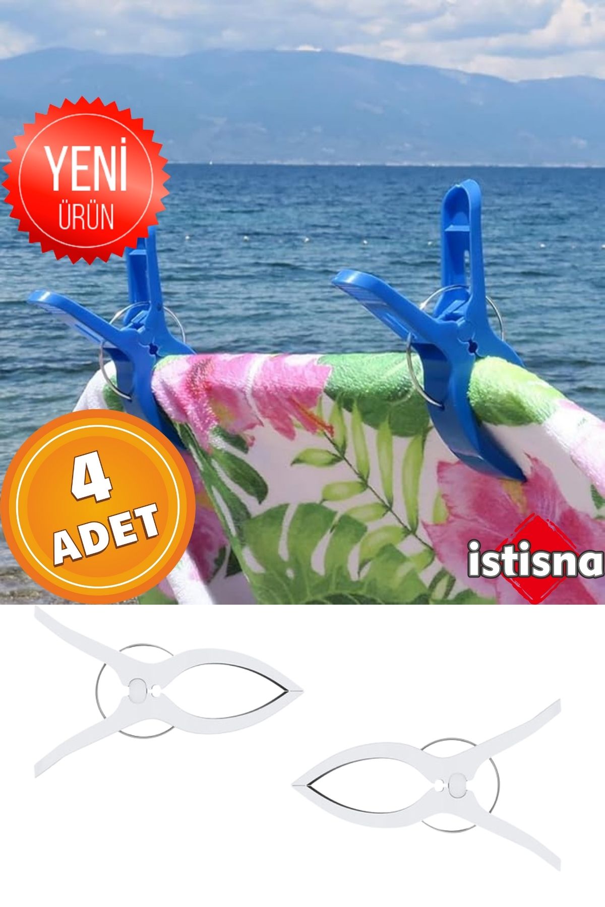 İstisna 4 Adet XXL Büyük Boy Şezlong Plaj Havlusu Mandalı Halı Asma Battaniye ve Havlu Tutucu Mandal