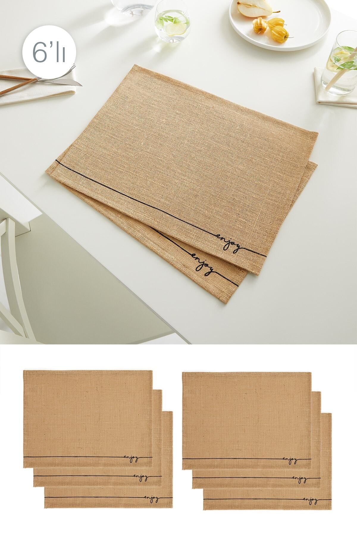Elioure 6'lı Jüt Enjoy Baskılı Sunum Tabak Altlığı 45x35 cm, şık ve doğal görünüm