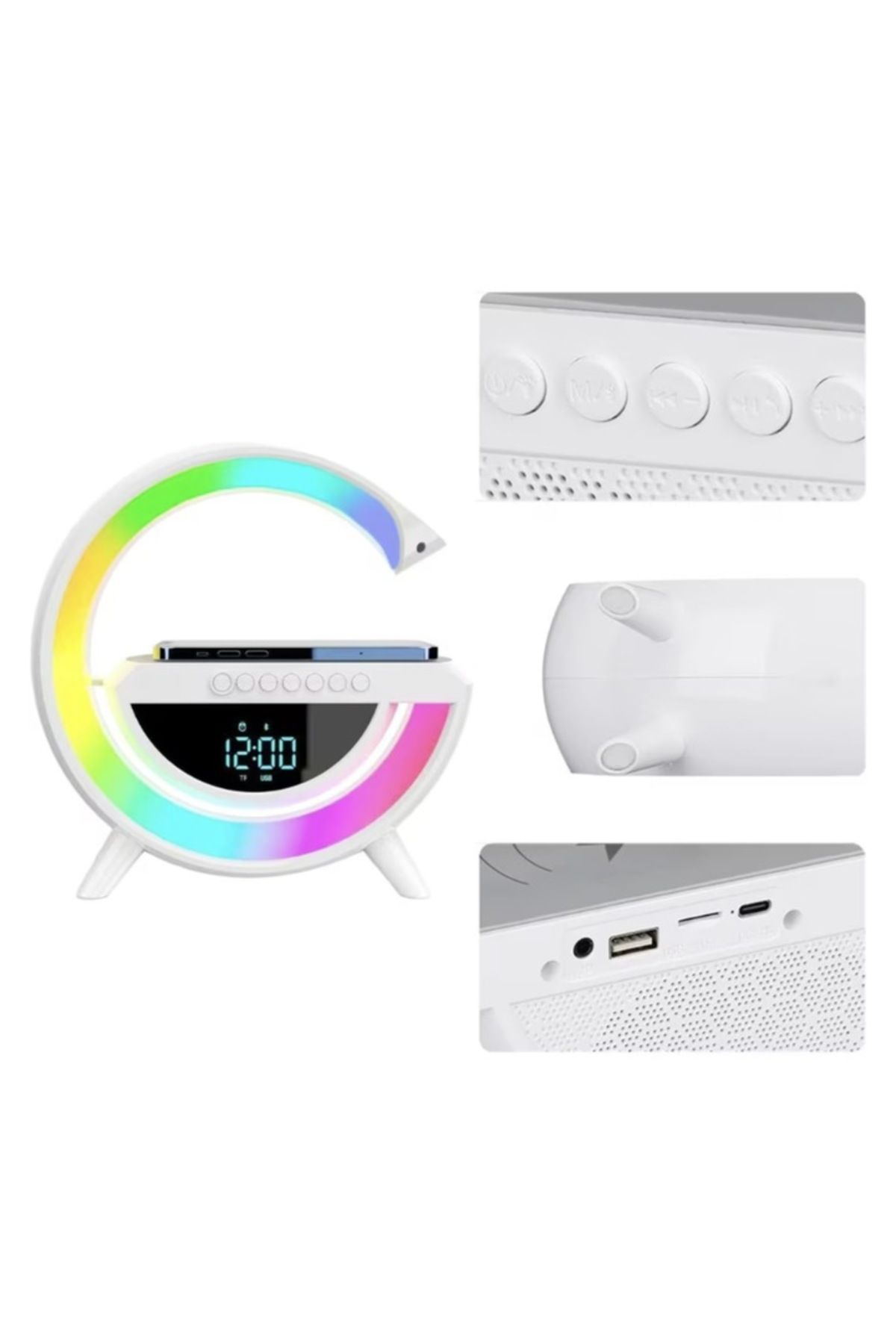 Generic-15W 4 in 1 Fast Wireless Charger with Clock, Speaker, 7-Color RGB LED Smart Lamp, Radio 6