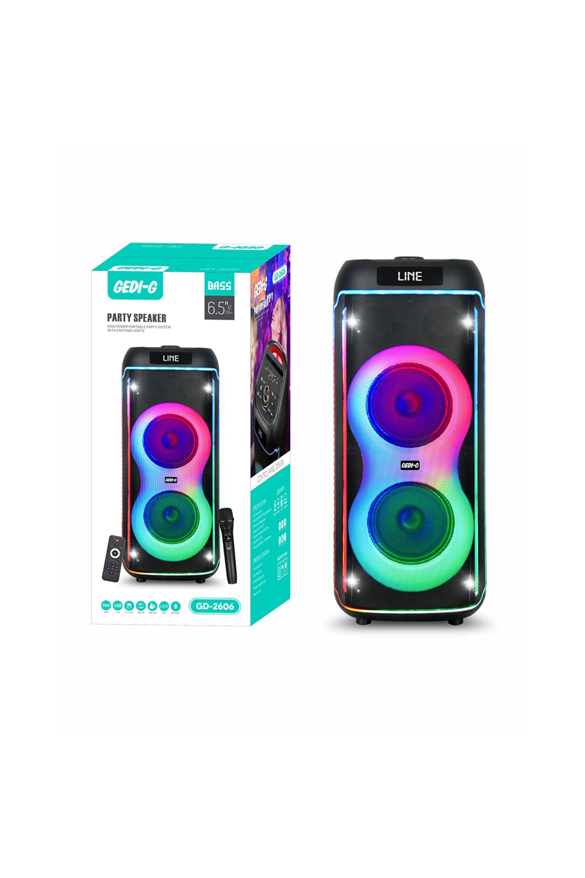 Canpay Mikrofonlu RGB Işıklı Kablosuz Karaoke Hoparlör Çift 6.5 İnç Stereo Bass Dijital LED Parti Sistemi