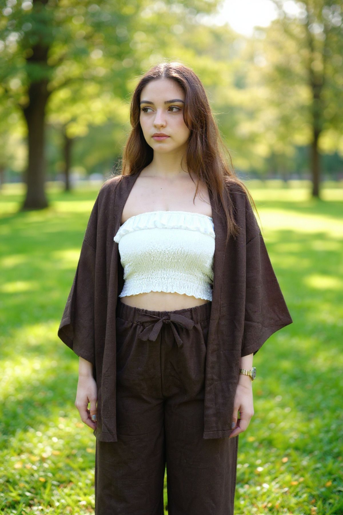 Tahta Tekstil Sofya Keten Relax Fit 2'li Takım Uzun Kollu Kimono Pantolon Takım