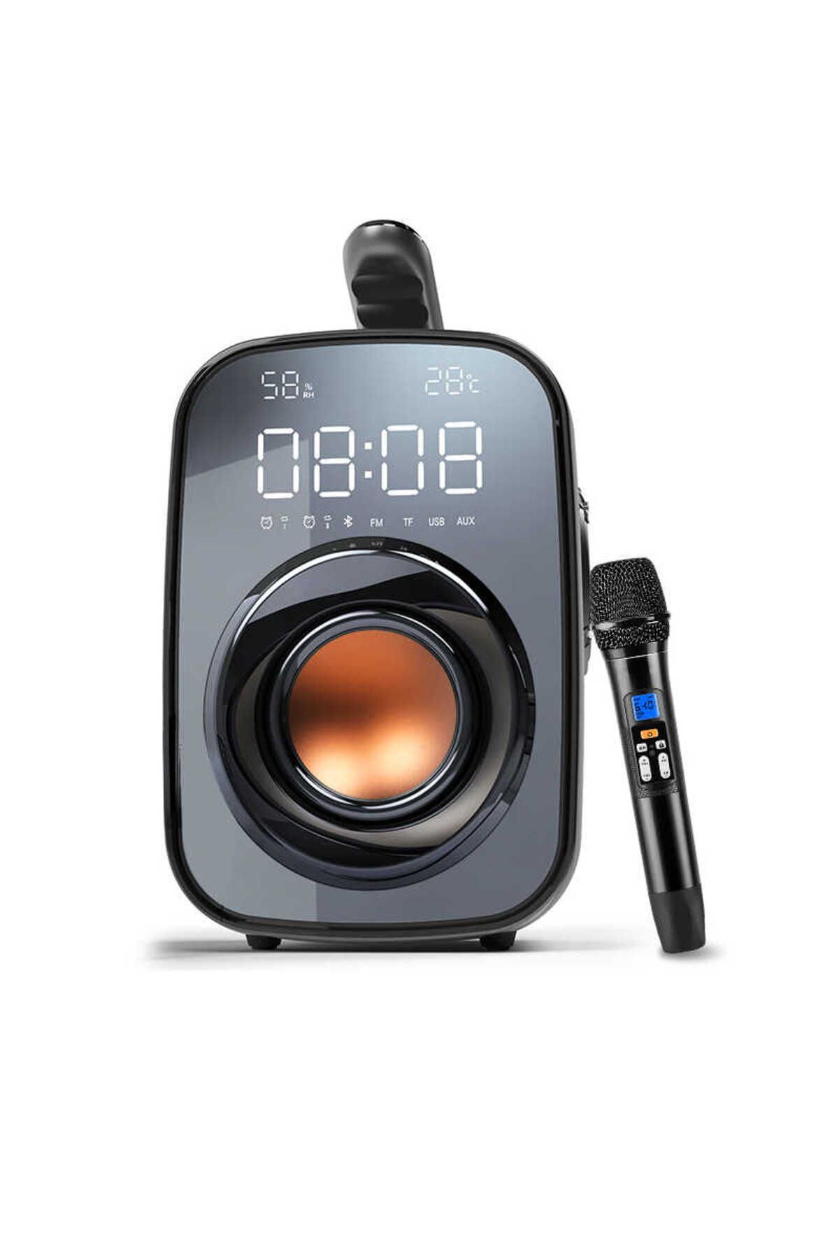 Canpay Mikrofonlu Kablosuz Bluetooth Hoparlör Kulplu, Aynalı 11W Güçlü Hi-Fi Sesi, Dijital Saat ve FM Radyo