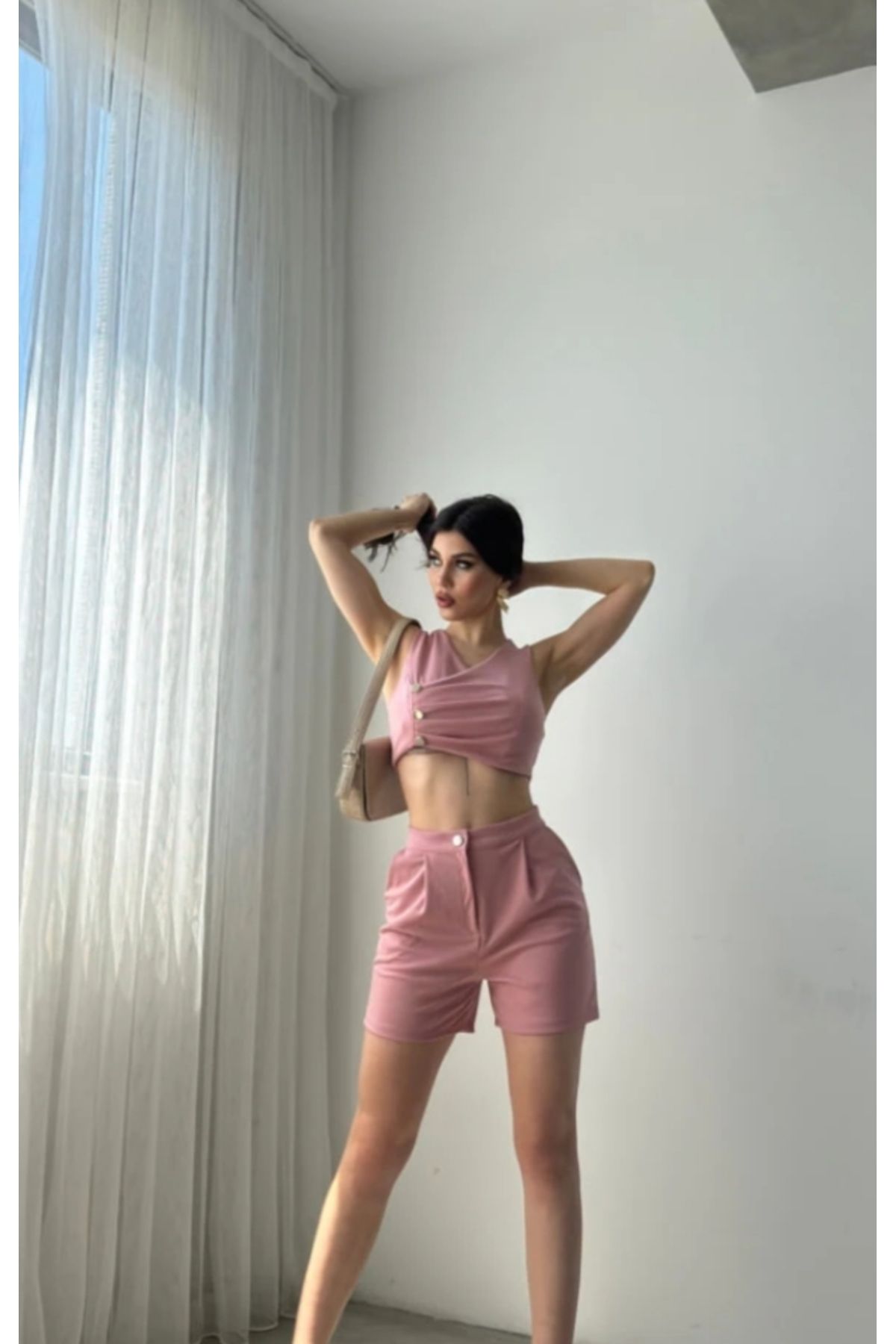 MODA Pembe crop şort ikili takım