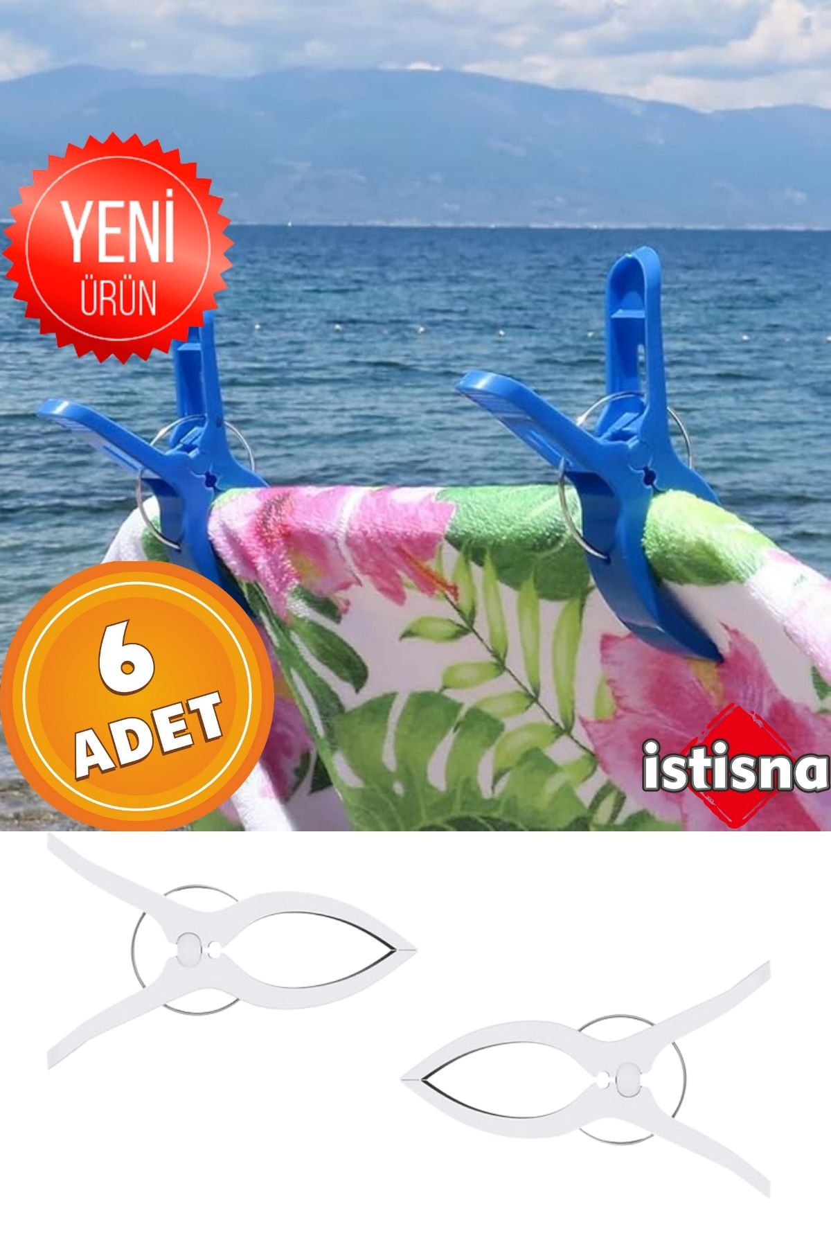İstisna 6 Adet XXL Büyük Boy Şezlong Plaj Havlusu Mandalı Halı Asma Battaniye ve Havlu Tutucu Mandal