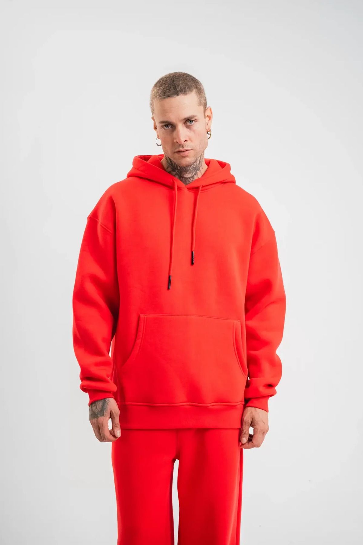 Byozze Unisex Double Oversize Kapşonlu Basic SweatShirt - Kırmızı