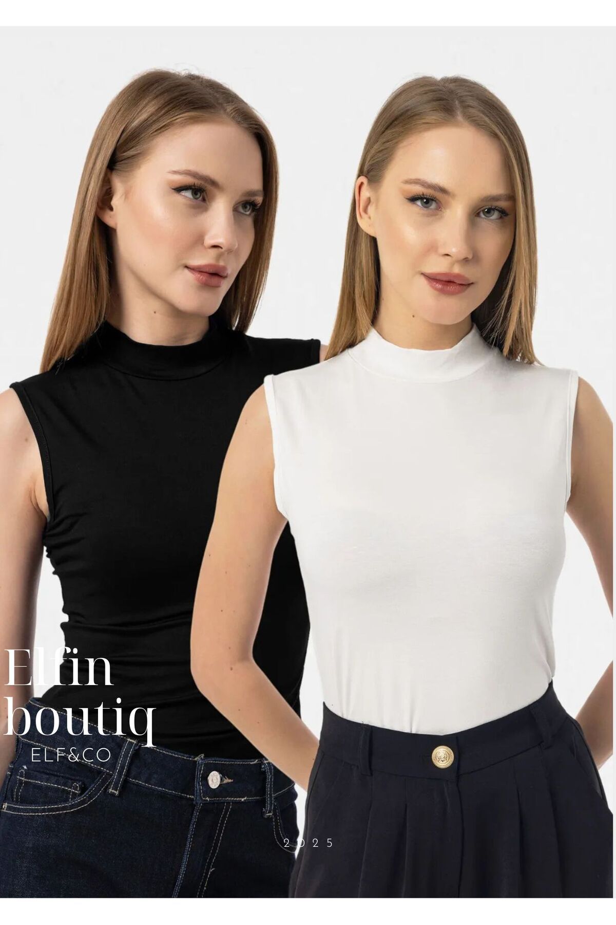 Elfin Kadın Siyah Beyaz 2'lİ Kolsuz Body Bluz