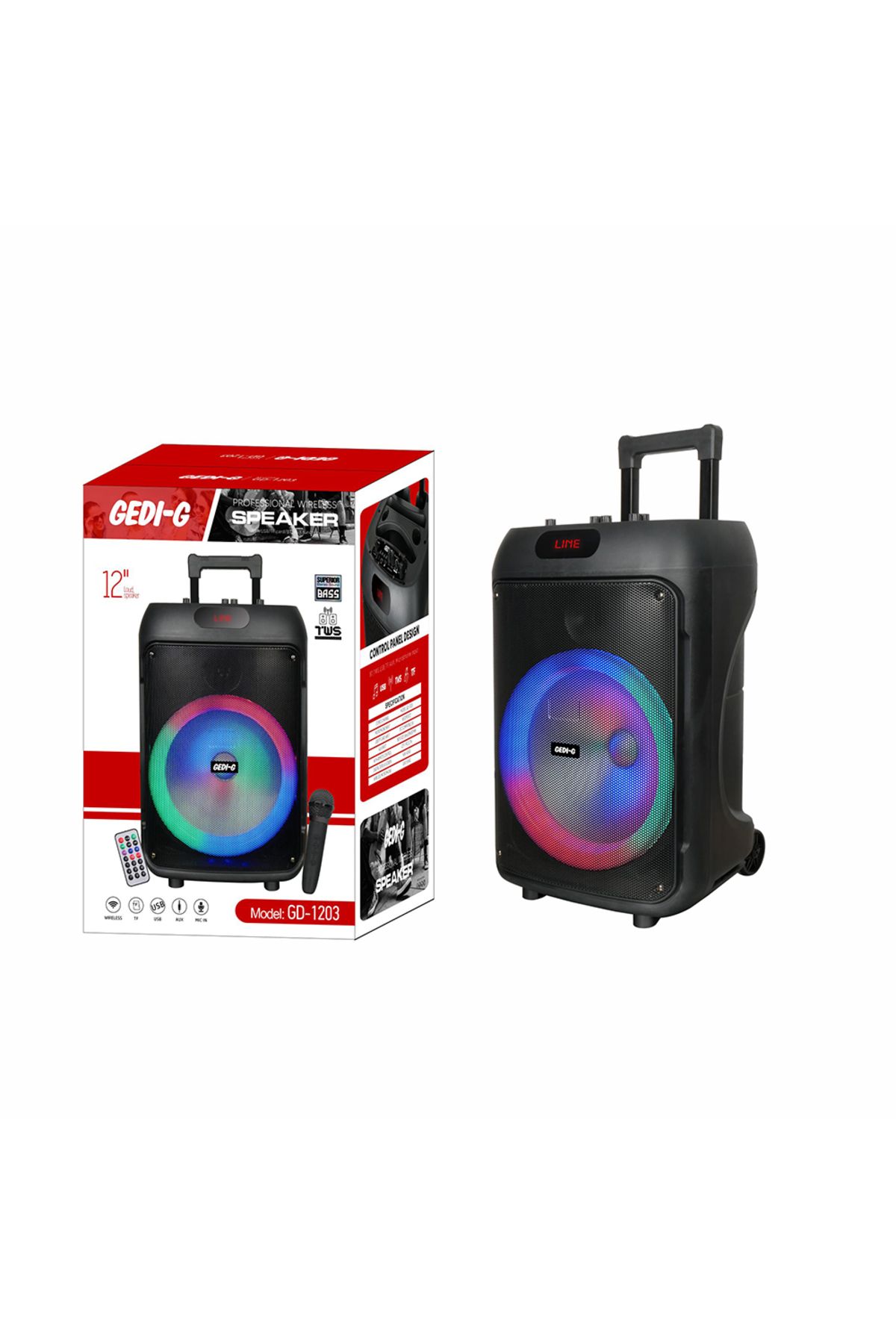 Canpay Taşınabilir Dış Mekan Eğlence ve Işık Şöleni 12 İnç Güçlü Bas Hoparlör Karaoke Mikrofonlu RGB Işıklı