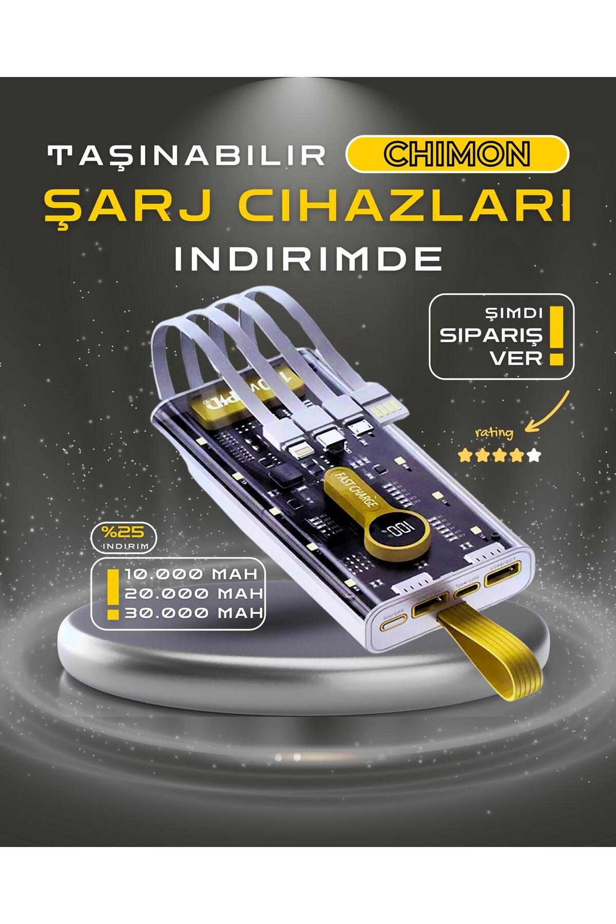 chimon 30.000 Mah 35W Prime Dijital Göstergeli Dahili Çoklu Kablolu Powerbank,siyah,taşınabilir Şarj Cihazı