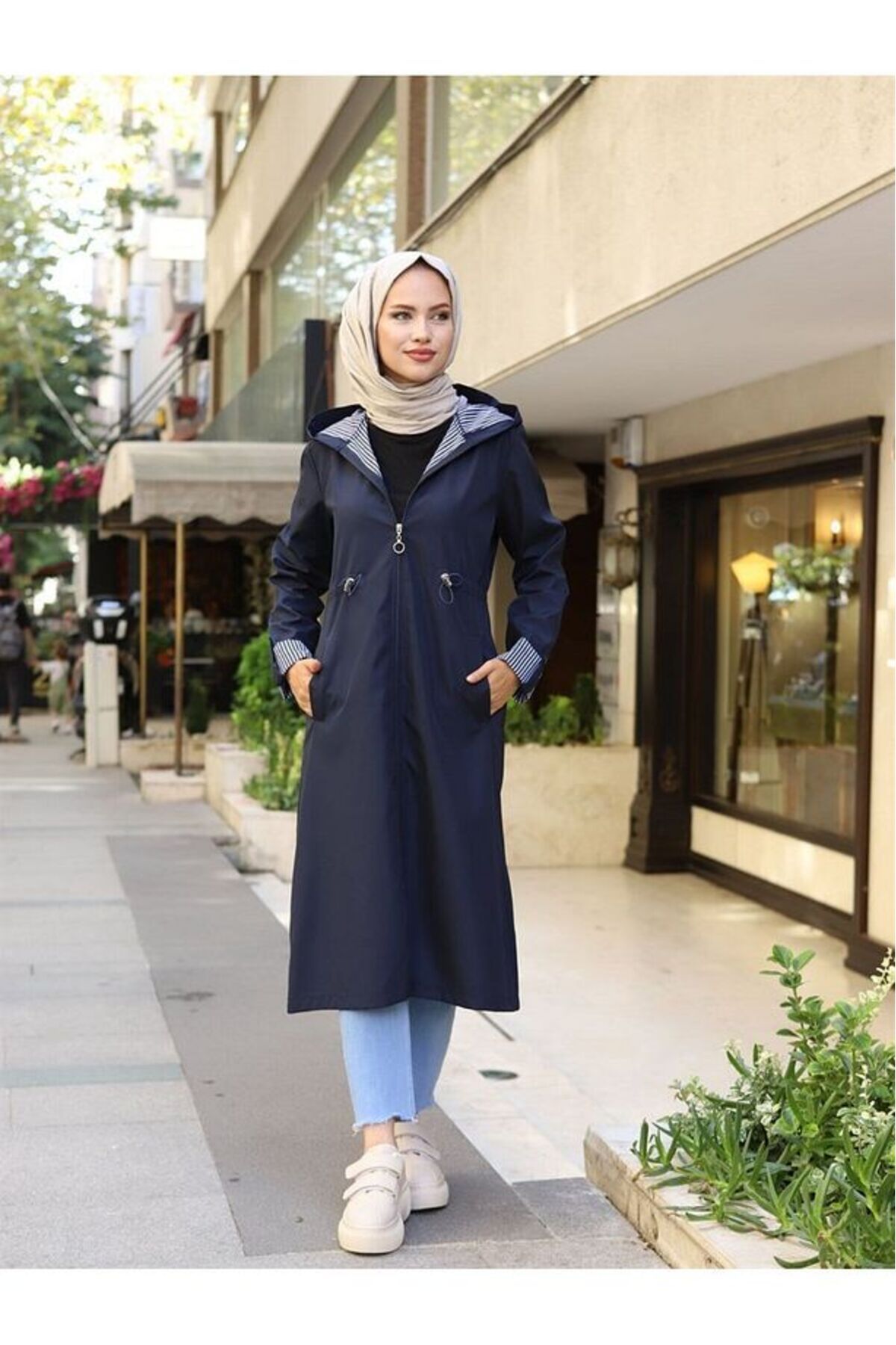 ULUEL STORE Çizgili Ve Kapüşonlu Mevsimlik Trençkot