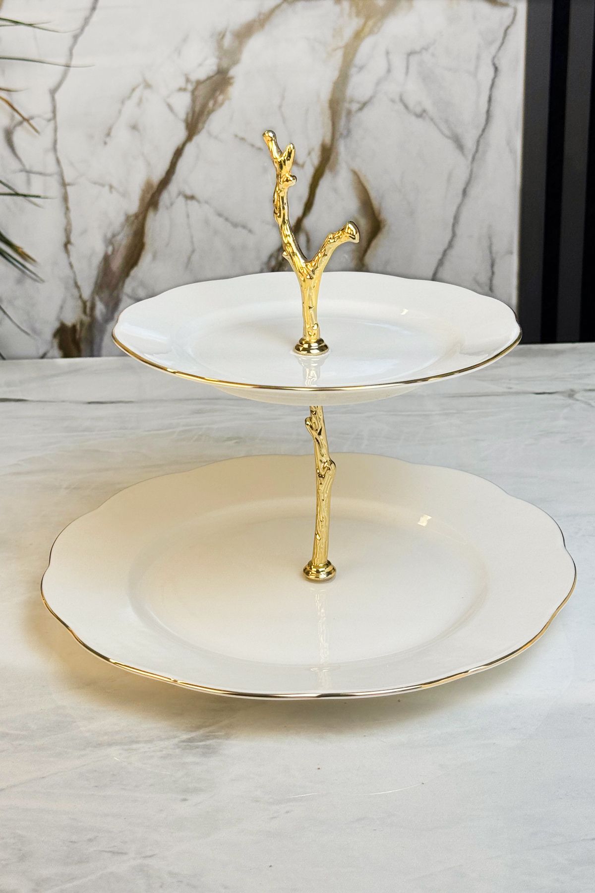 MAY HOME Gold Detaylı Porselen Kurabiyelik &Katlı Kek Standı