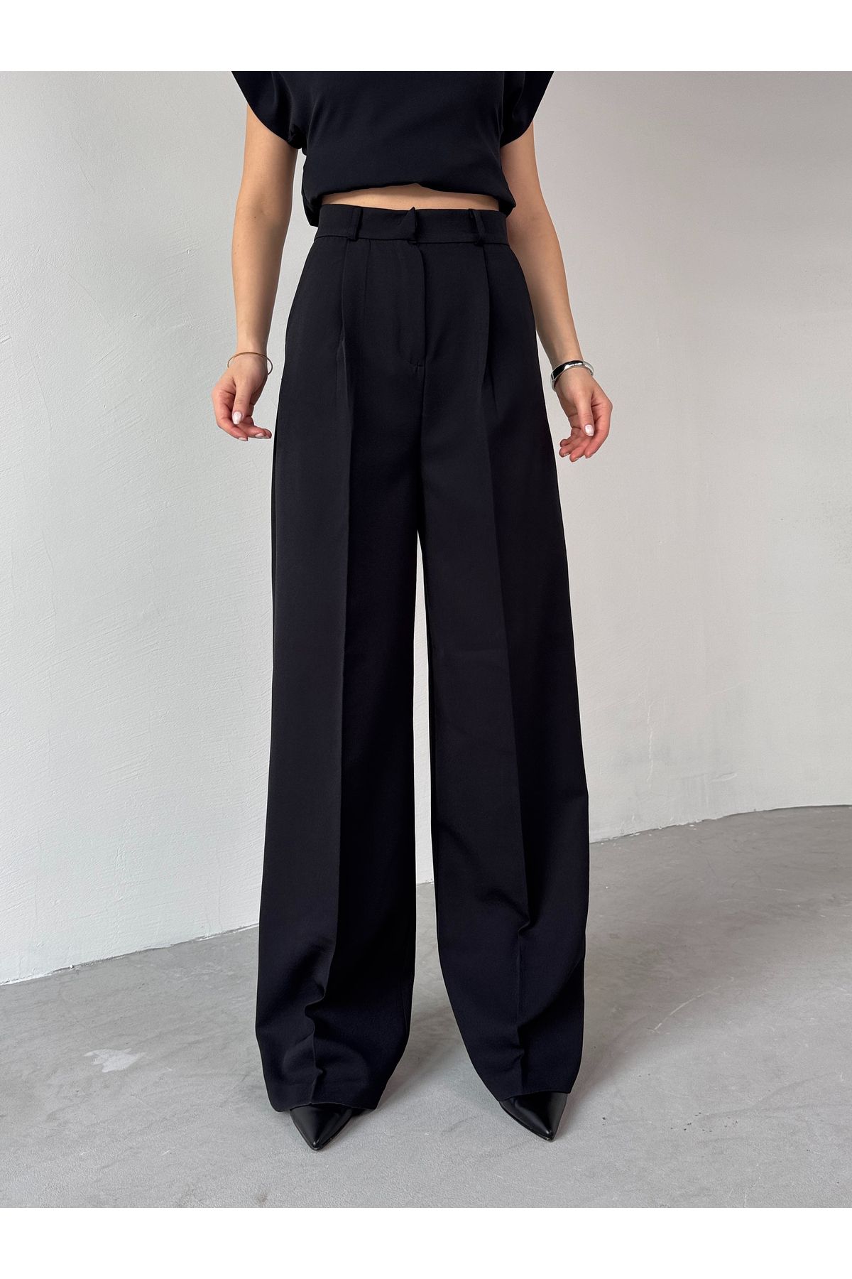 studio fashion 1988 Kadın Pileli Yüksek Bel Bol Paça Cepli Poliviskon Kumaş Palazzo Orijinal ZR Pantolon