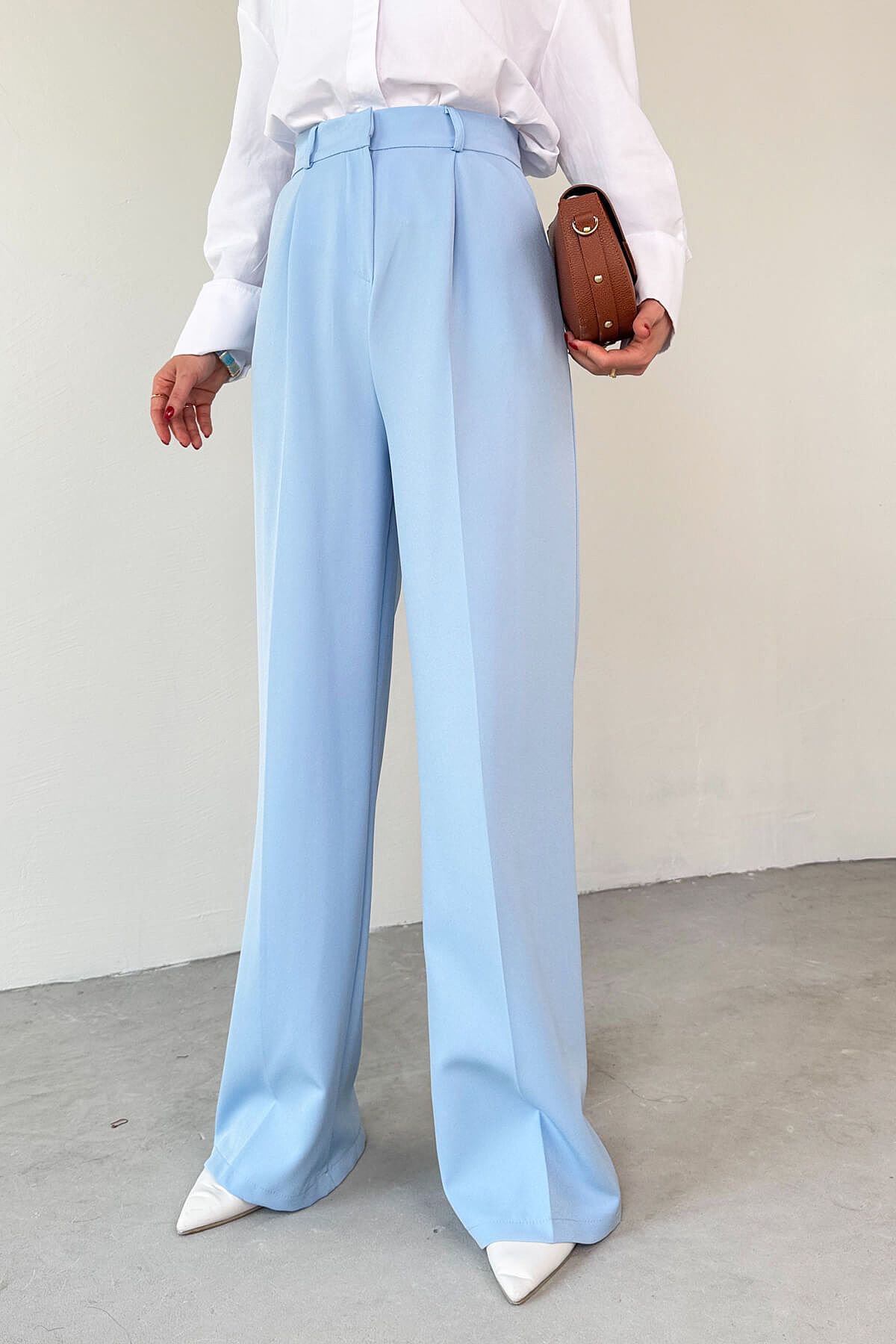 studio fashion 1988 Kadın Pileli Yüksek Bel Bol Paça Cepli Poliviskon Kumaş Palazzo Orijinal ZR Pantolon