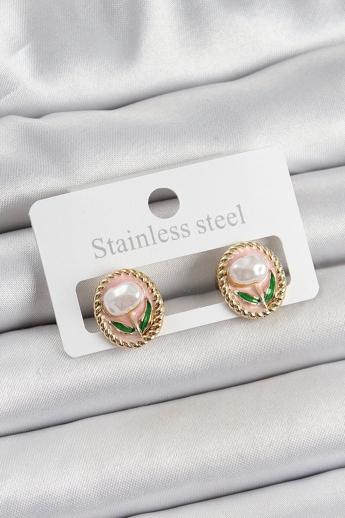 YNT İthalat Pirinç Pembe Mineli Lale Figürlü Sanatsal Portre Model Gold Renk Kadın Küpe