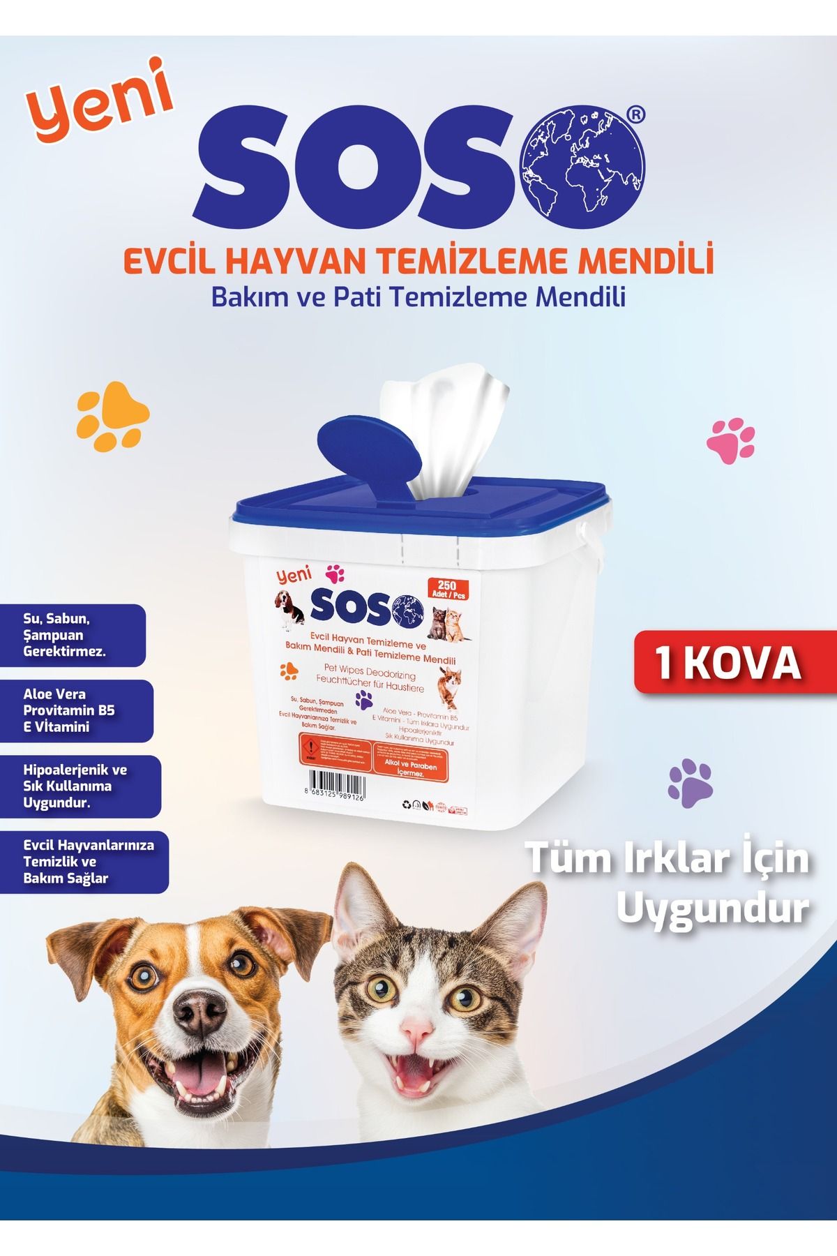 SOSOmarket 1 adet X 250 Yaprak - Soso Kova Evcil Hayvan Kedi Köpek Pati ve Vücut Temizleme Mendili 1494005713
