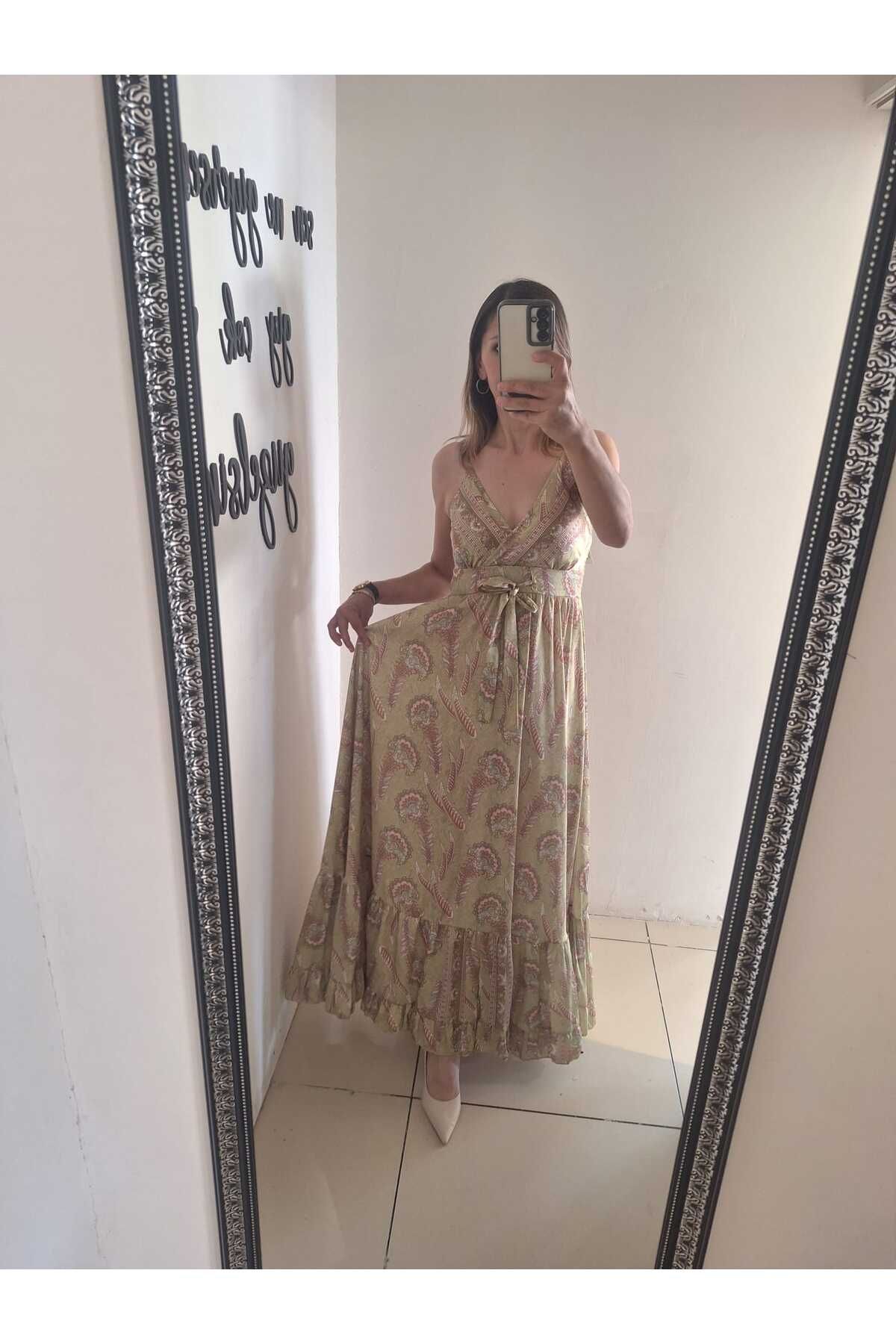 nil butik 48 Yeşil askılı yazlık tatil ve gece elbisesi