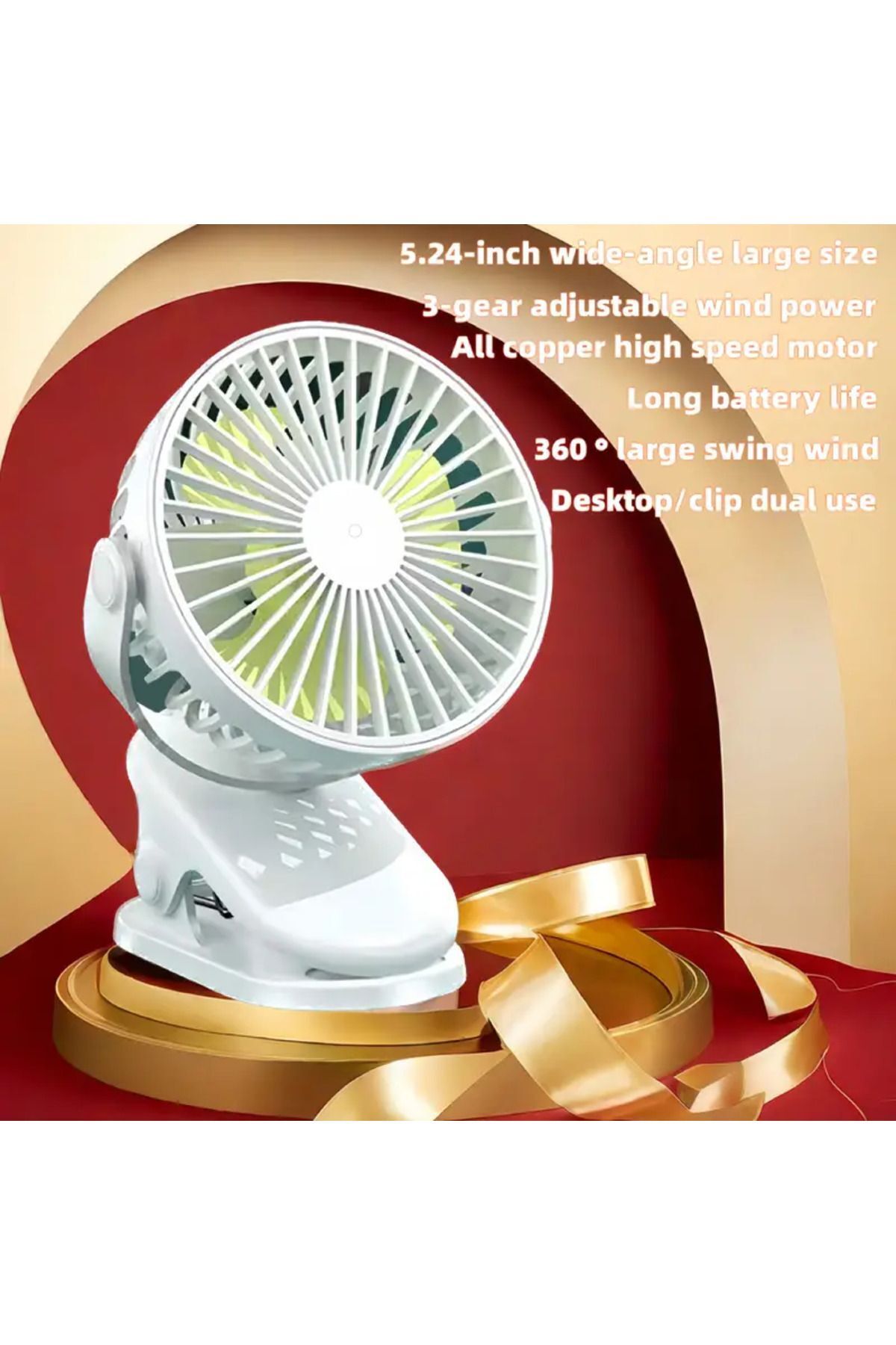 WASHA Taşınabilir USB Klipsli Fan Şarj Edilebilir, 720° Dönebilme, 3 Hız Yaz ve Dış Mekan Kullanımı İçin