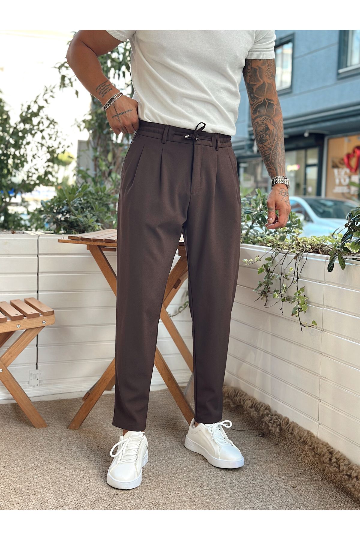 manch collection İtalyan Kesim Beli İpli Kumaş Pantolon kahve