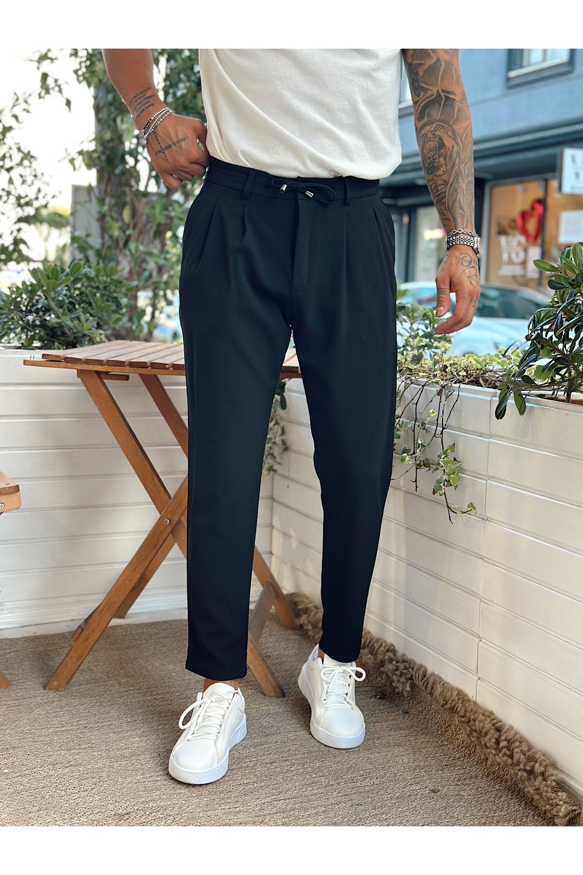 manch collection İtalyan Kesim Beli İpli Kumaş Pantolon siyah