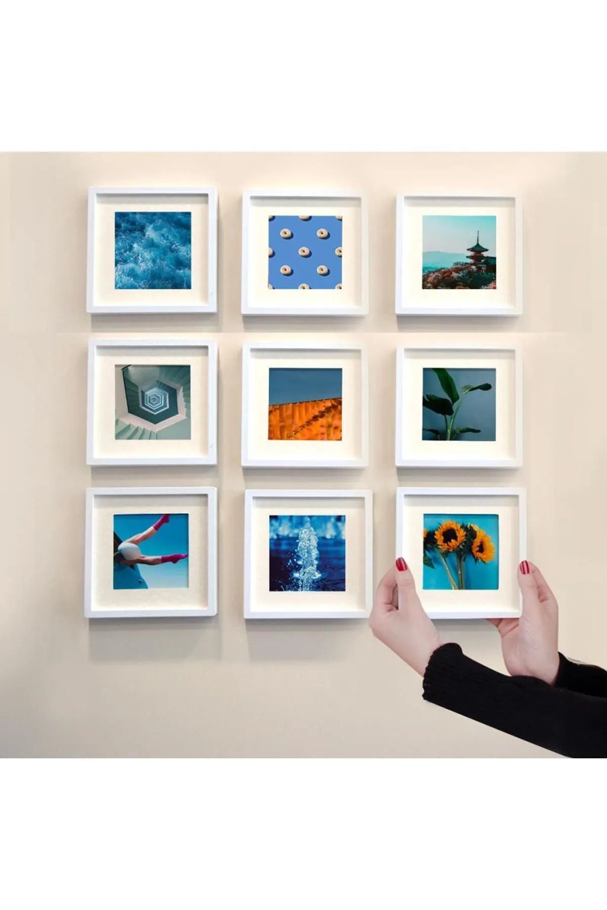 Elioure Yapışkanlı Kare Paspartulu Beyaz Fotoğraf Çerçevesi 14x14cm, 9'lu paket