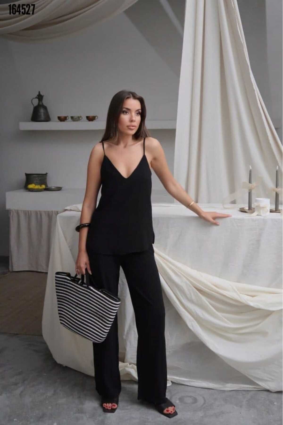 Cbm Kadın askılı bluz ve bol paça pantolon ikili takım Kırmızı Gül Figürlü Kolye hediye