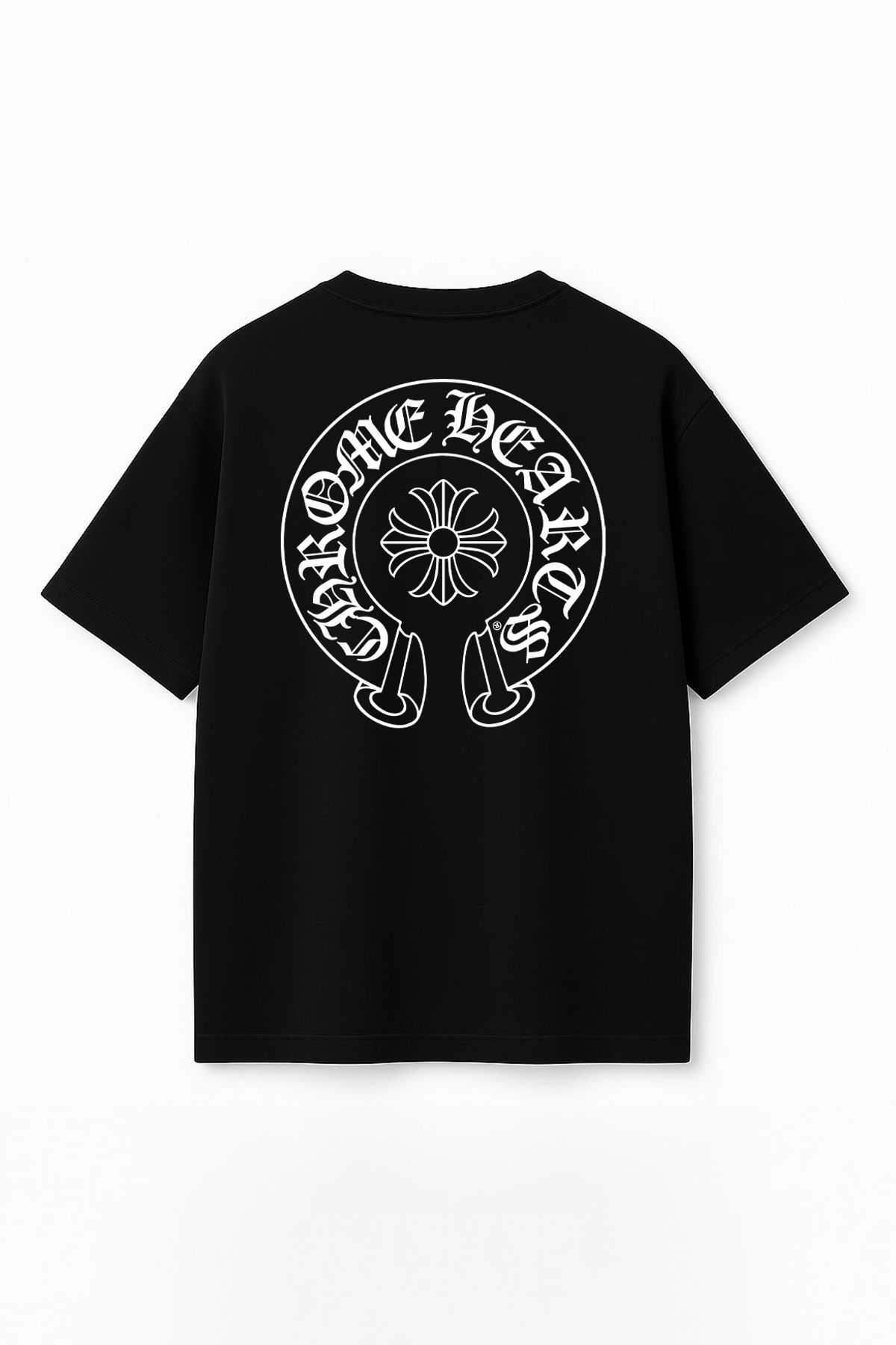 THE RULE Unisex Chrome Hearts Baskılı Oversize %100 Pamuk Geniş Kesim Dokulu Bisiklet Yaka Tişört RF0521