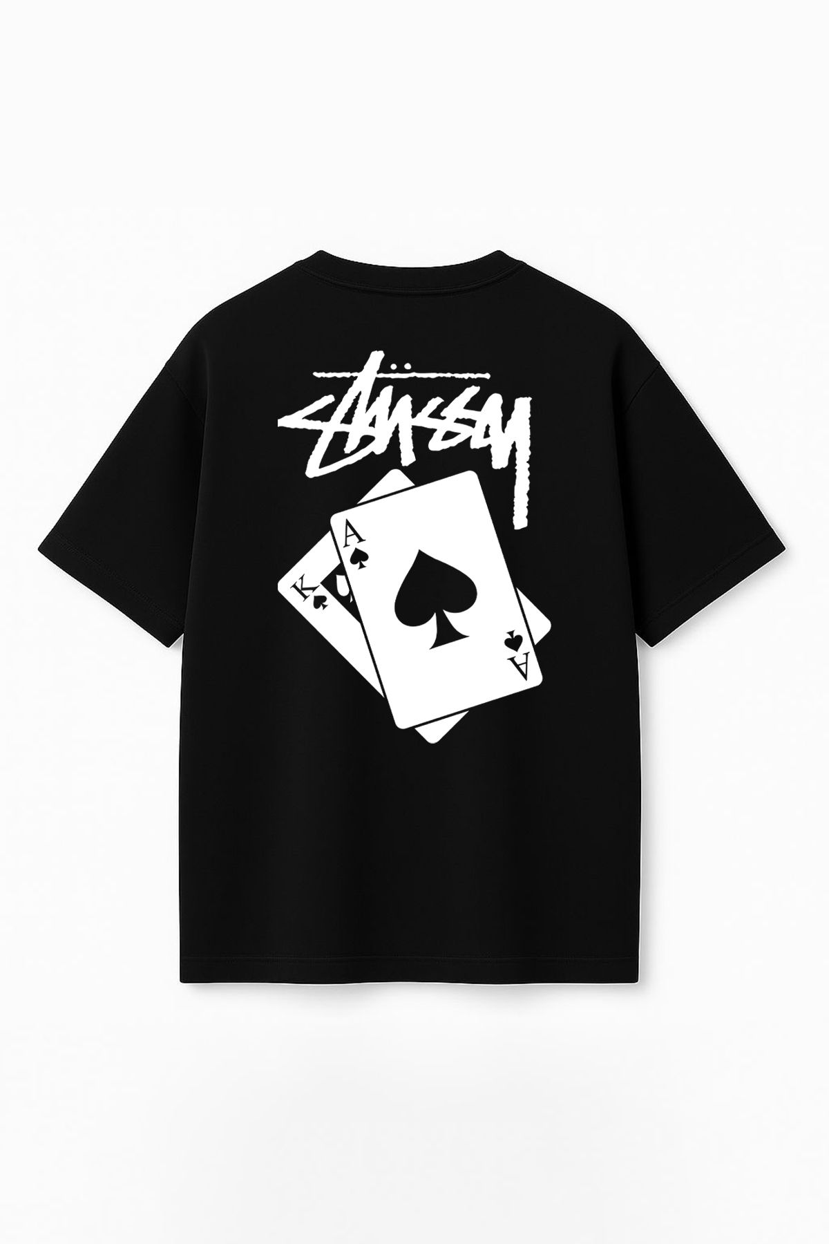 THE RULE Unisex Stüssy İskambil Baskılı Oversize %100 Pamuk Geniş Kesim Dokulu Bisiklet Yaka Tişört RF0524
