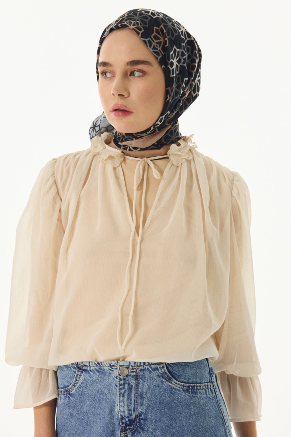 FENZA SCARF Yıldız Desenli Pamuklu Şal - Siyah-Füme