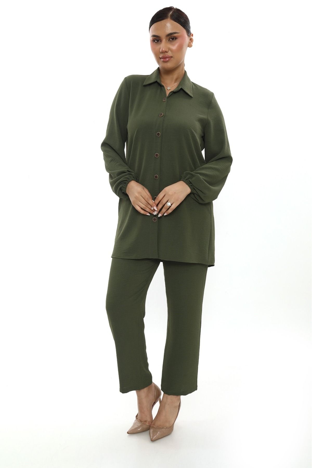 Butik Aerobin keten tunik pantolon takım