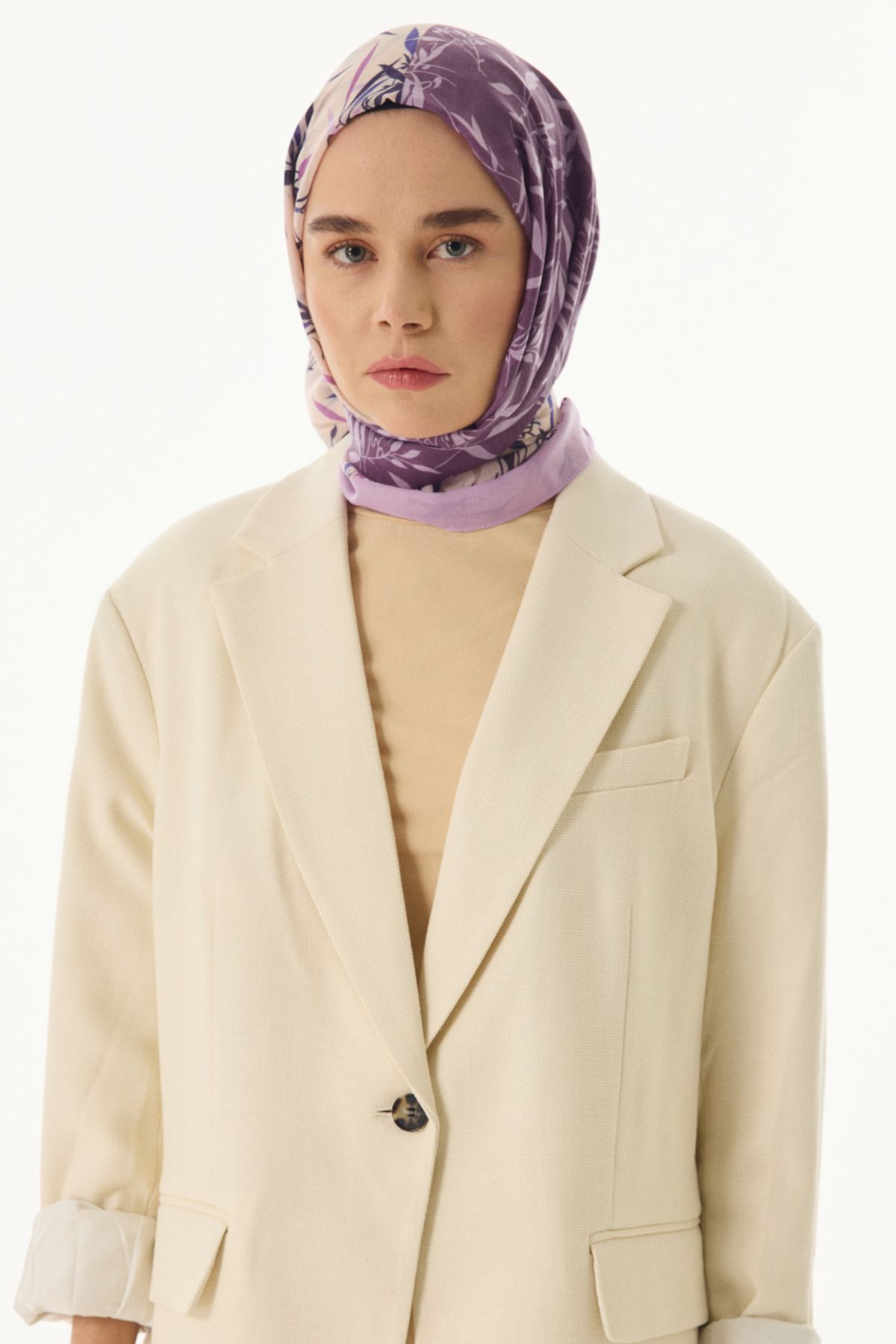 FENZA SCARF Zeytin Yaprağı Desenli Pamuklu Şal - Mor-Krem