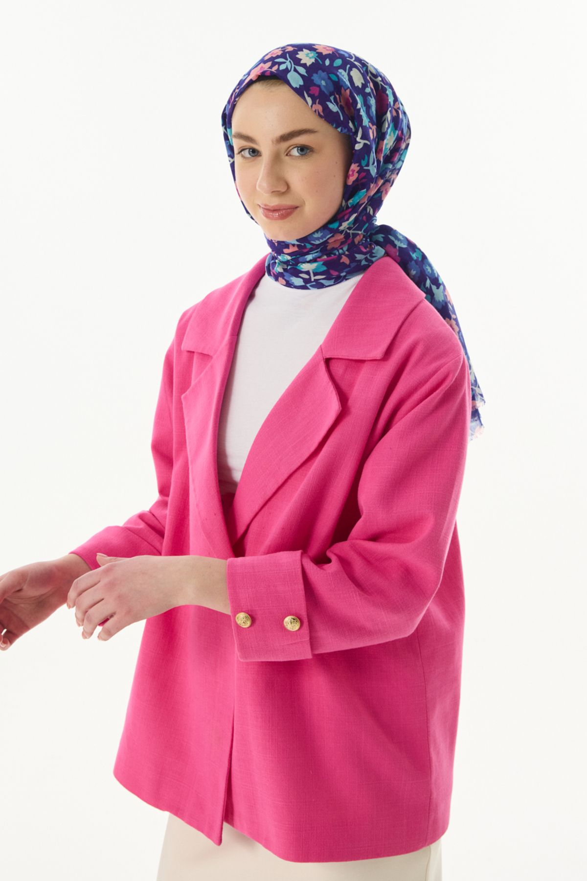 FENZA SCARF Çiçekli Desen Pamuklu Şal - Saks-Pudra