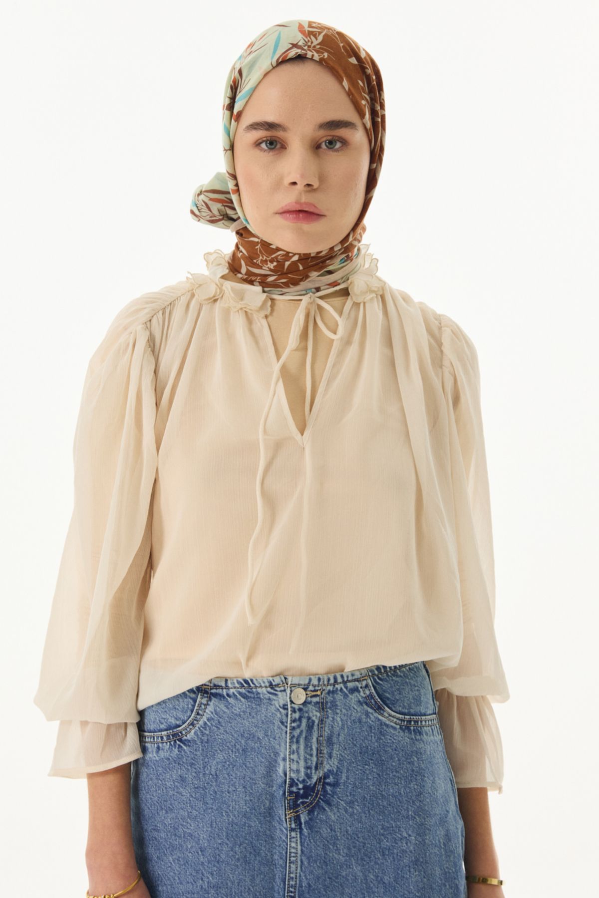 FENZA SCARF Zeytin Yaprağı Desenli Pamuklu Şal - Tarçın-Mint