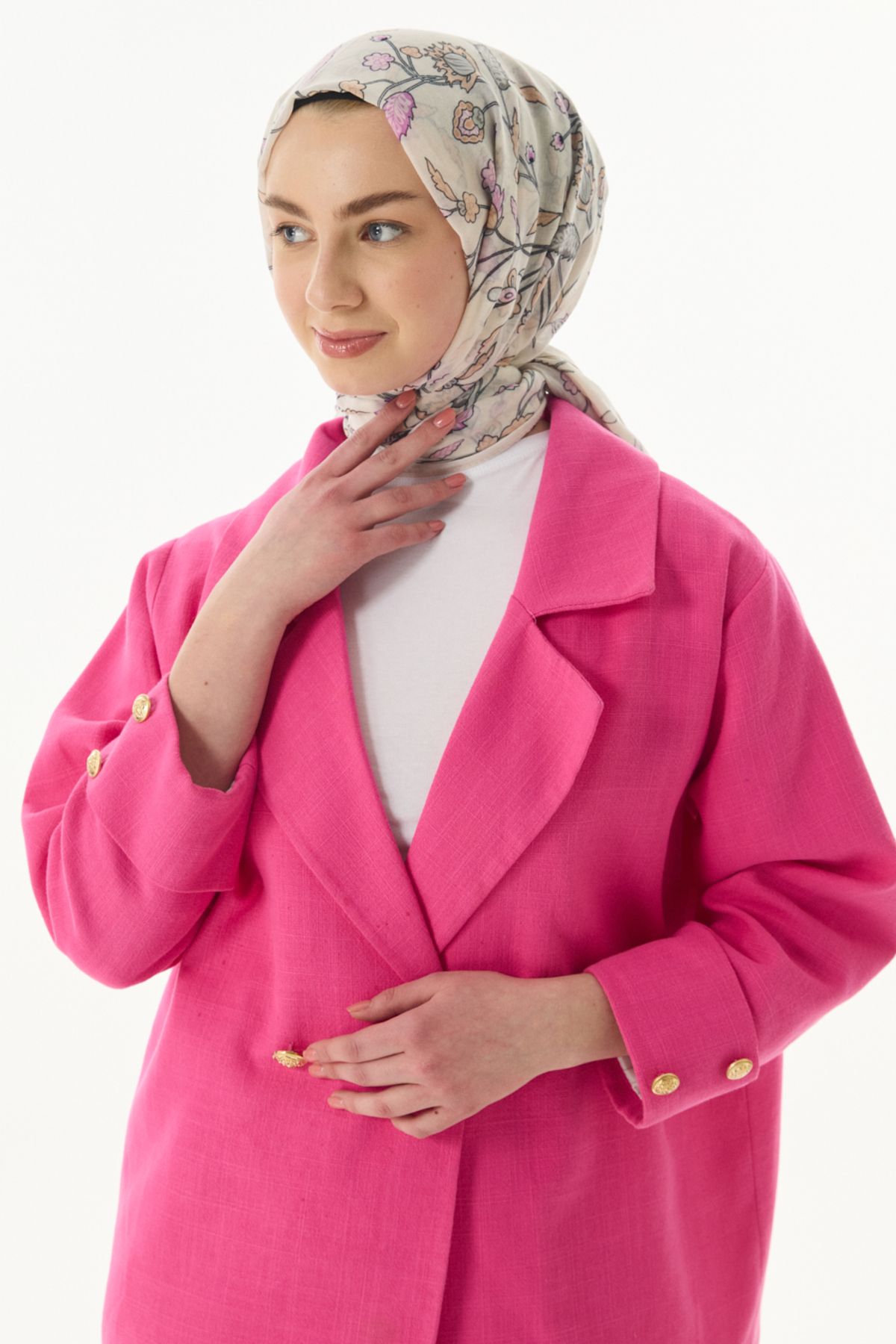 FENZA SCARF Lina Desen Pamuklu Şal - Krem-Pembe