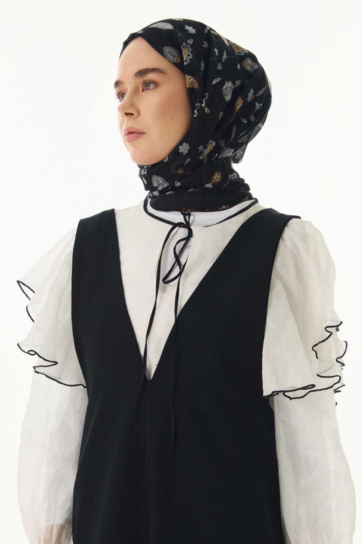 FENZA SCARF Lina Desen Pamuklu Şal - Siyah-Gri