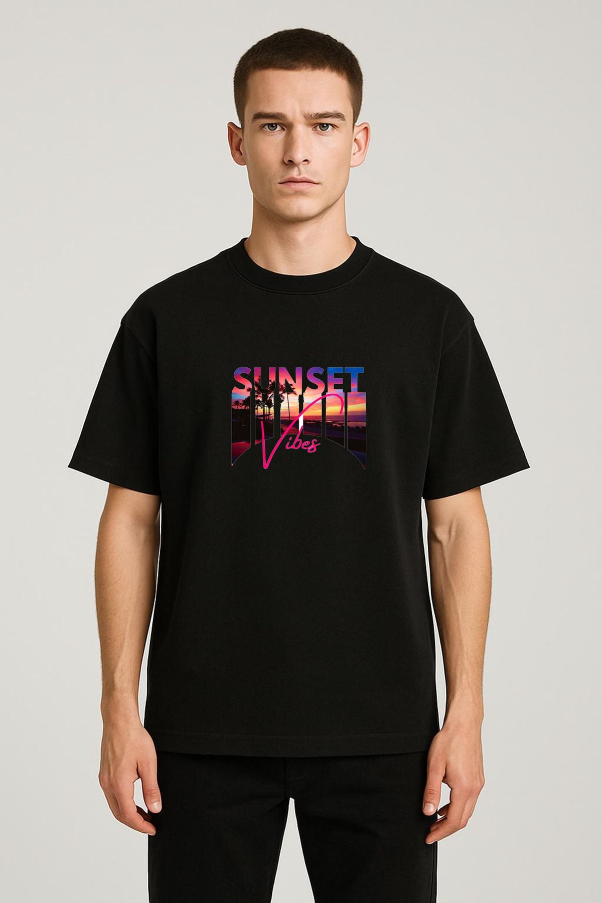 MODA Unisex Oversize Kalıp Sunset Vibes Baskılı T-Shirt