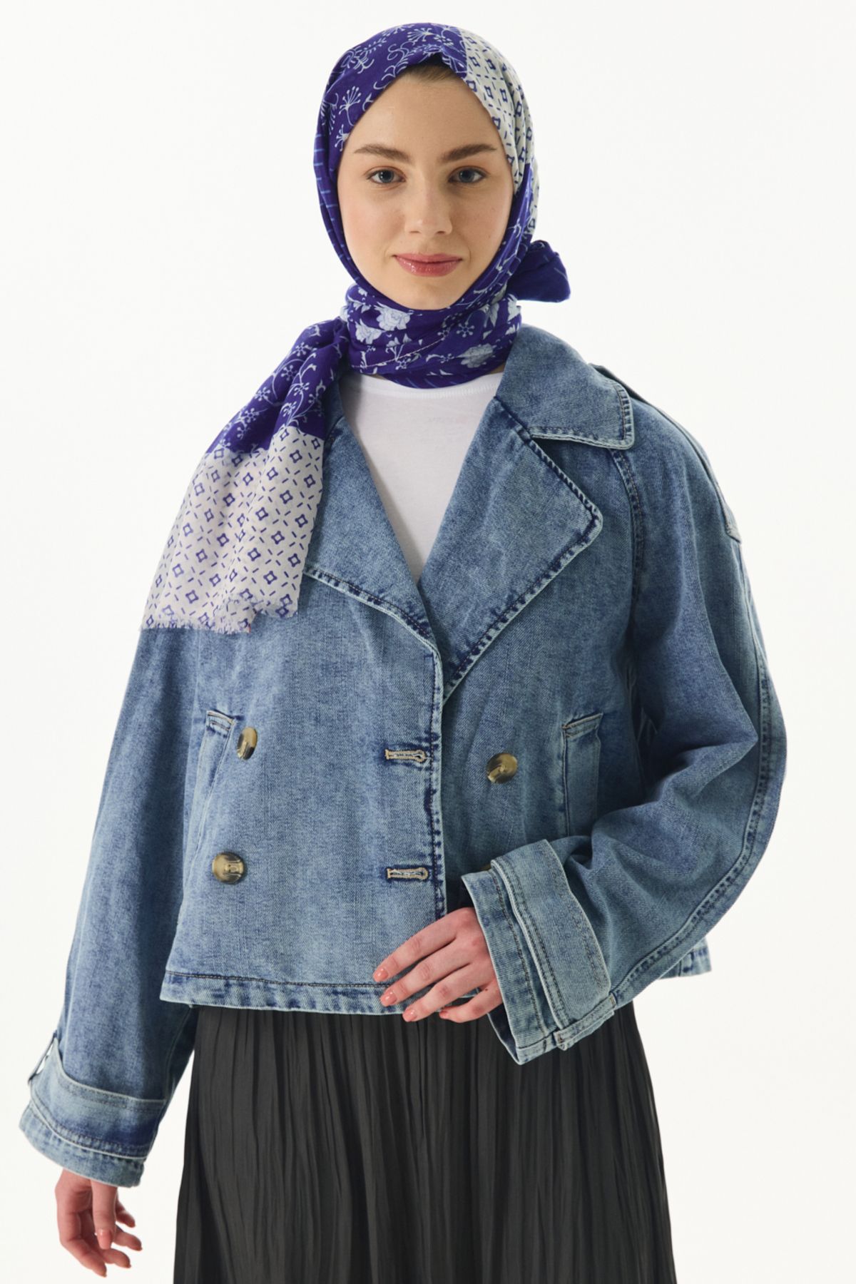 FENZA SCARF Etnik Desen Pamuklu Şal - Lacivert-Beyaz