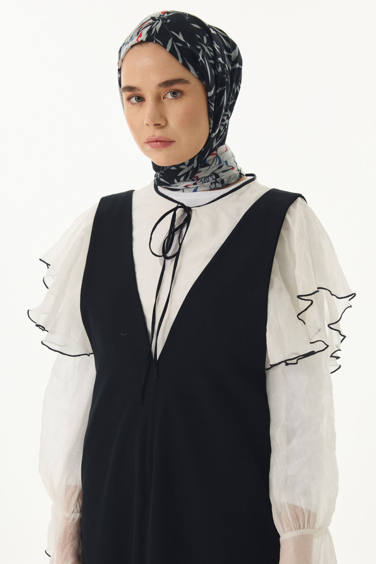 FENZA SCARF Zeytin Yaprağı Desenli Pamuklu Şal - Siyah-Gri