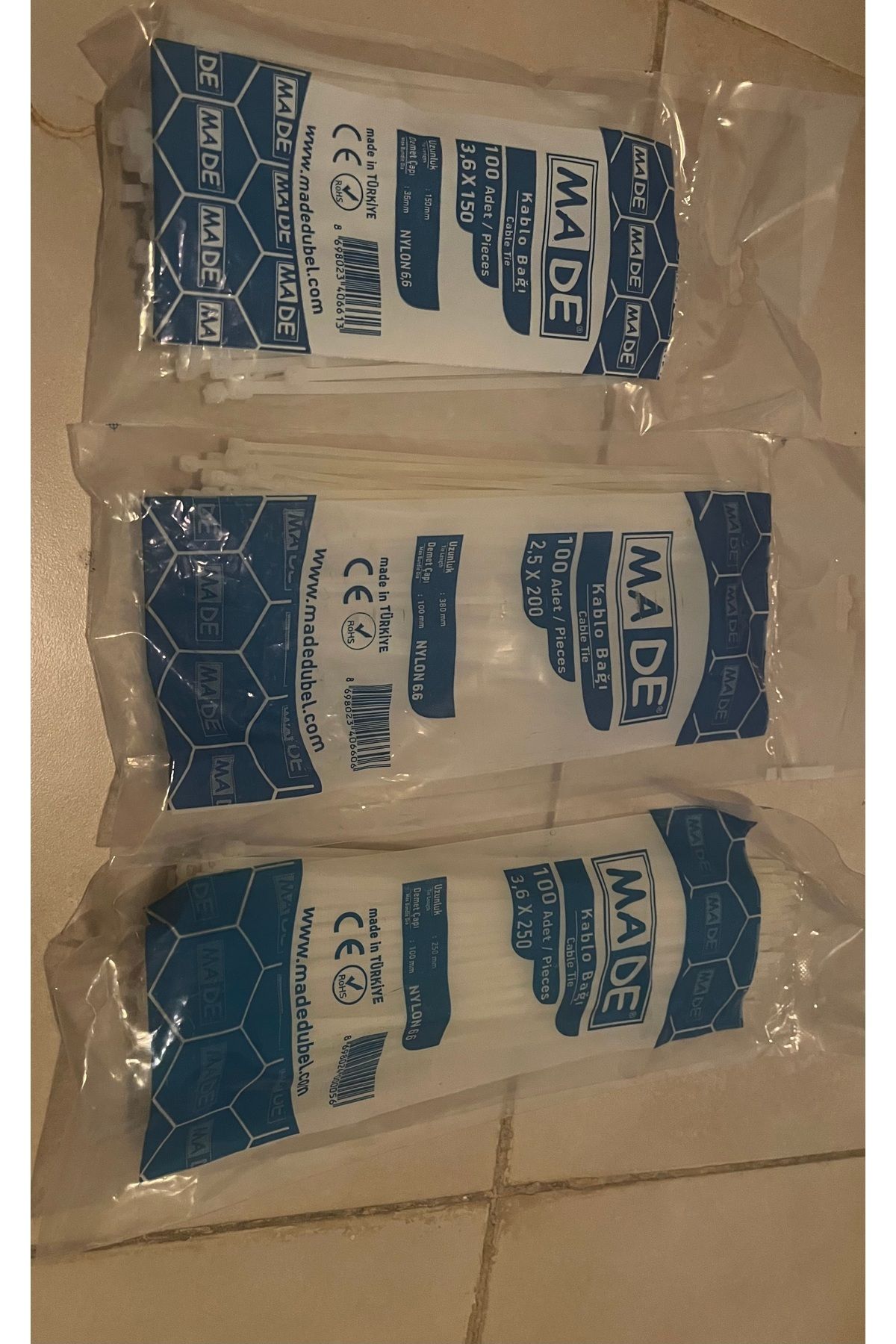 MADE Kablo Bağı Made Marka Kaliteli 2.5x200 100 adet,3.6x150 100 adet,3.6x250 100 adet