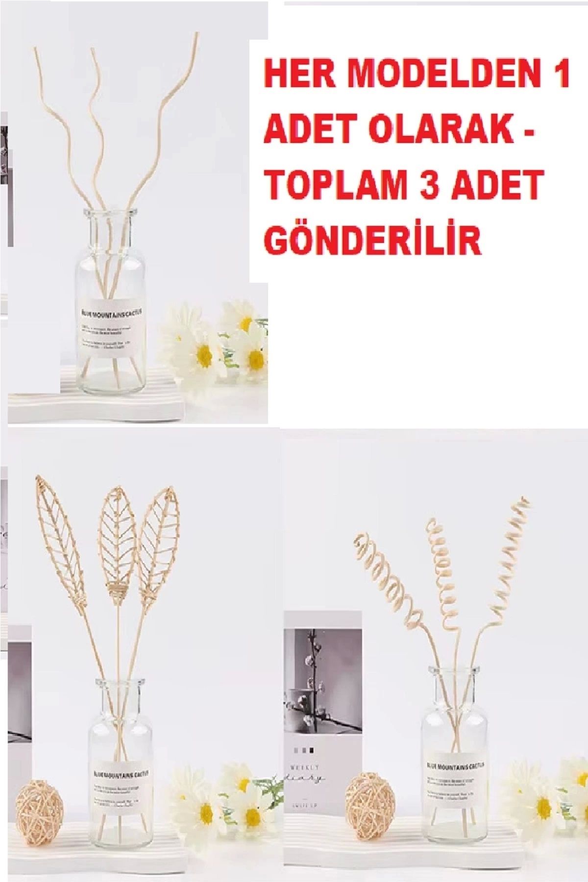 shop 3 Tek Adet 3 Model Aromaterapi Koku Dağıtıcı Rattan Şişe Ahşap Difüzör Çubuk (Spiral-Yaprak-Dalgalı)