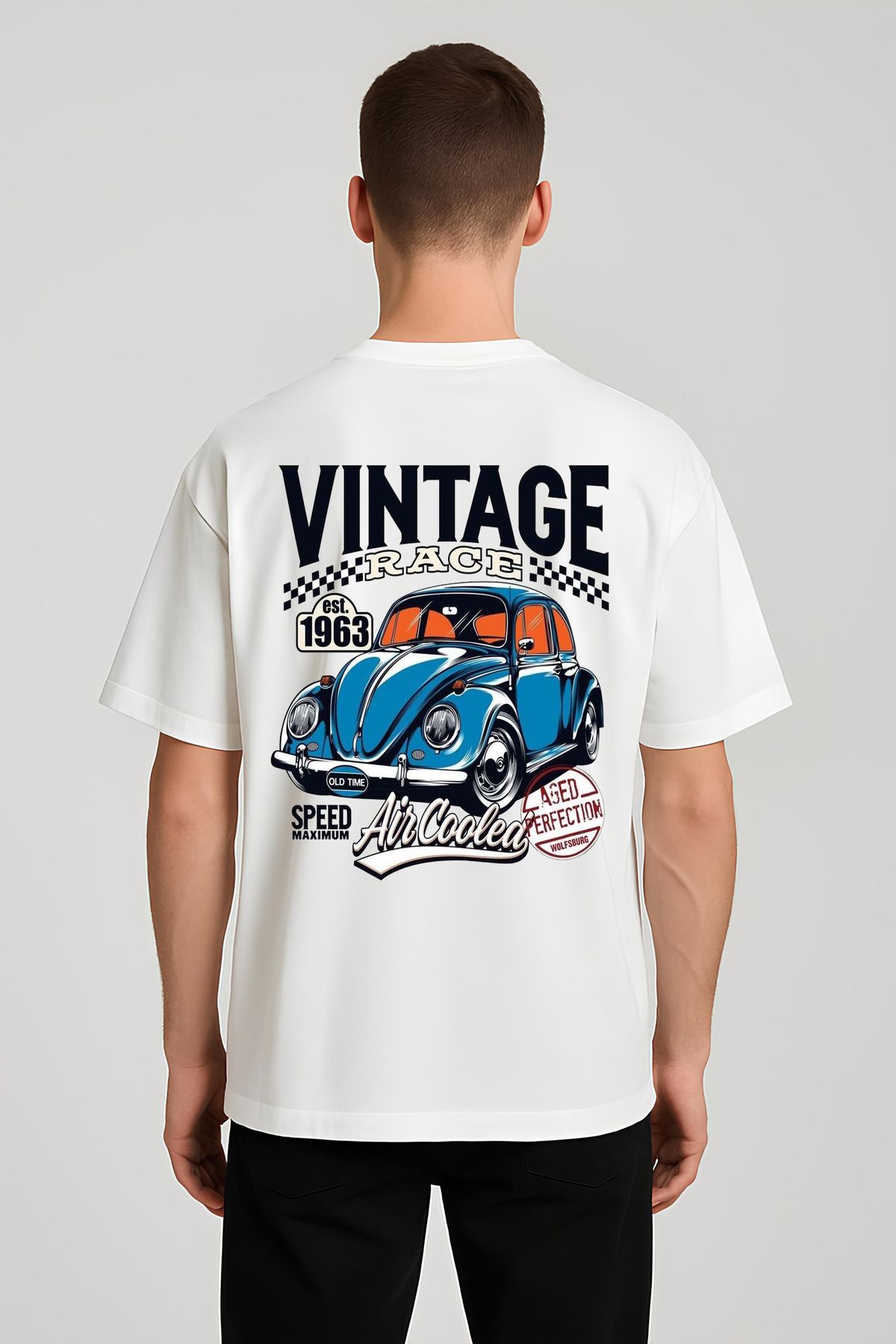 MODA Unisex Oversize Kalıp Vintage Race Baskılı T-Shirt